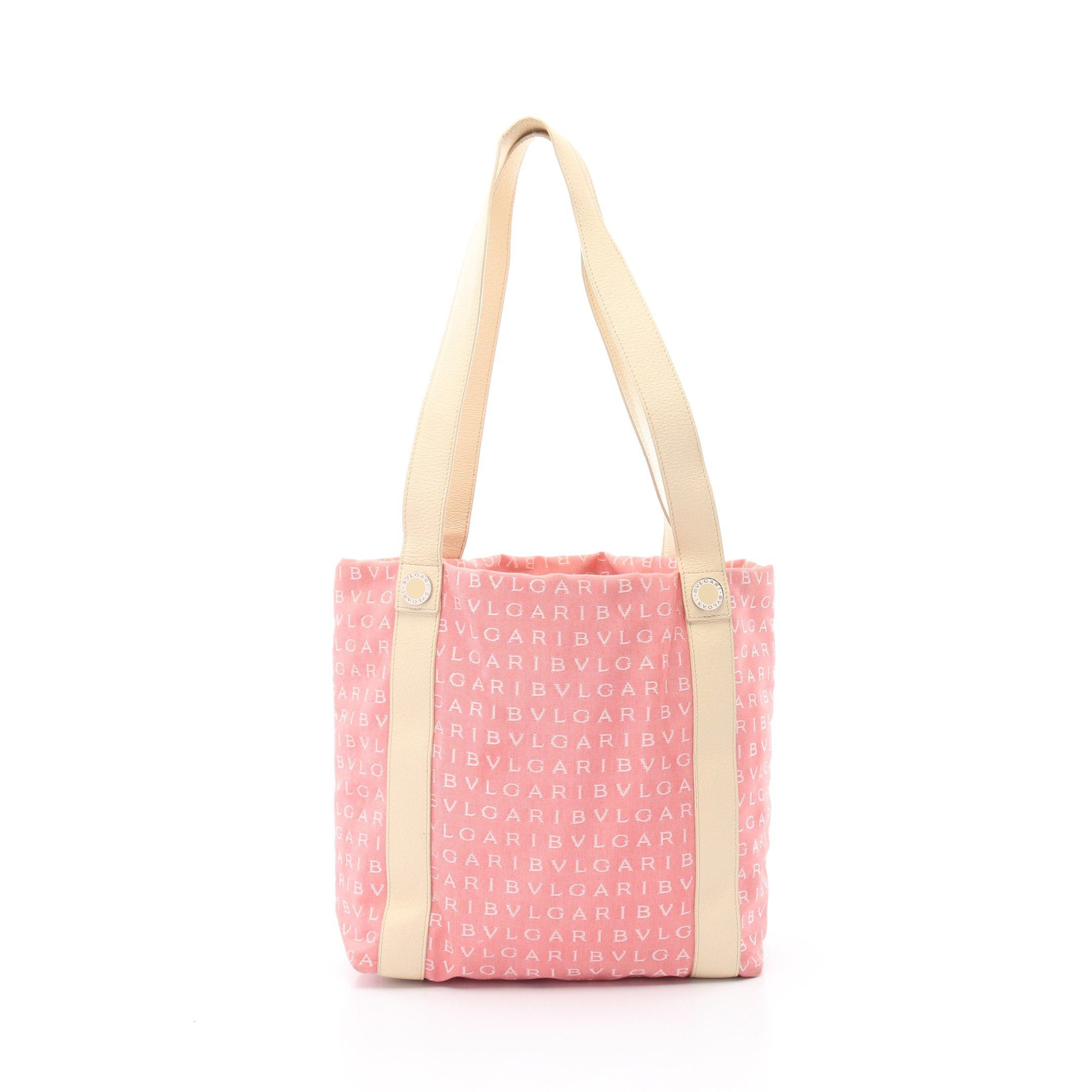 Bvlgari Logomania Shoulder Bag Tote Canvas Leather Pink Ivory in Neutrals, Women's