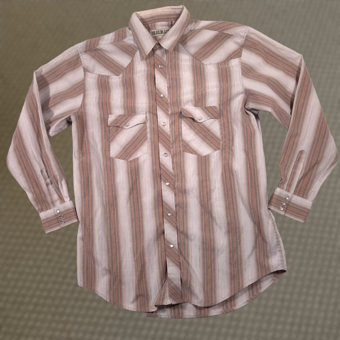 Vintage Trailblazer Shirt Mens XLT Beige Stripe Western Pearl Snap Long Sleeve Cowboy Size US XL / EU 56 / 4 - 1 Thumbnail