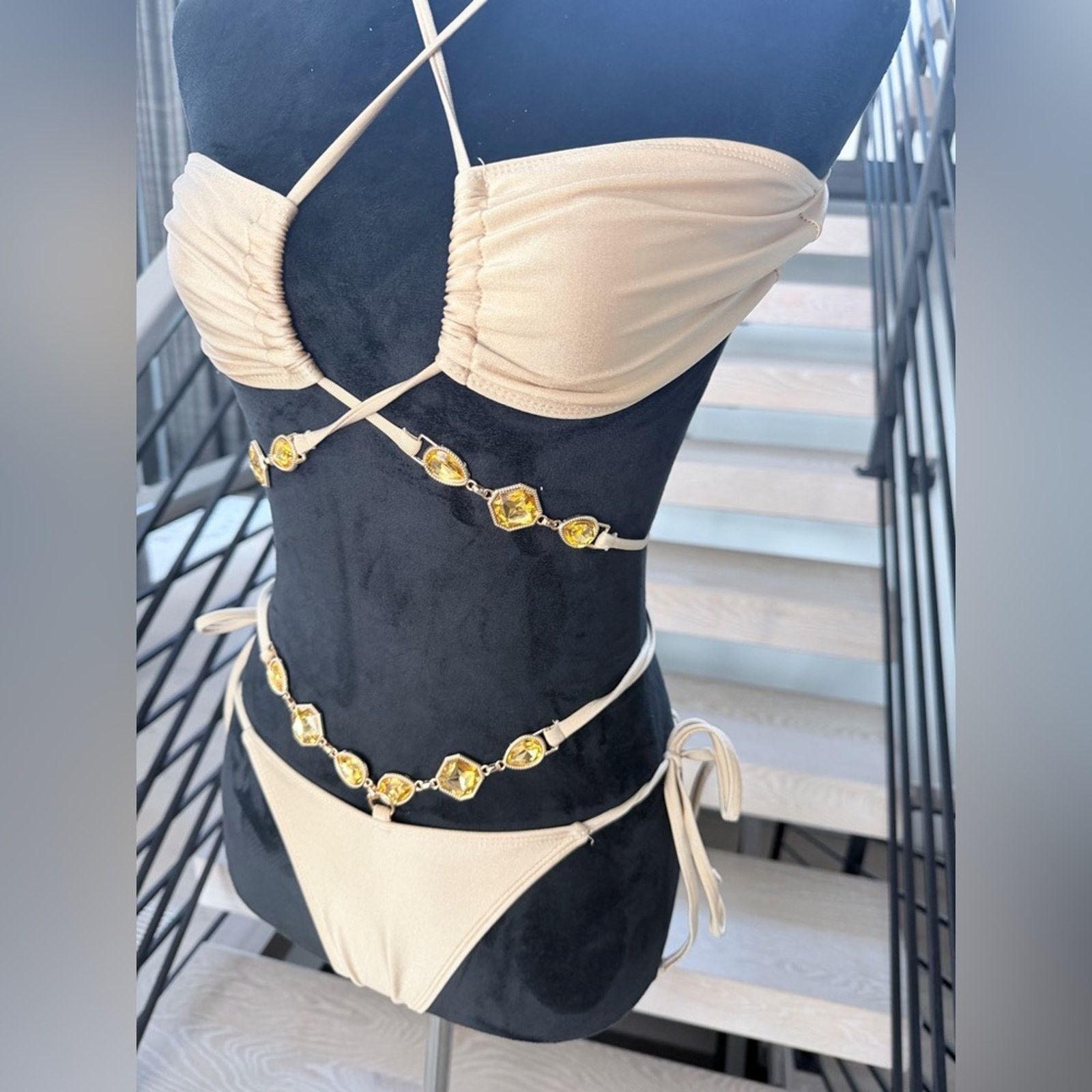 Other New Tan Bikini Swimsuit Bathing suit with rhinestones size S Size ONE SIZE - 10 Thumbnail