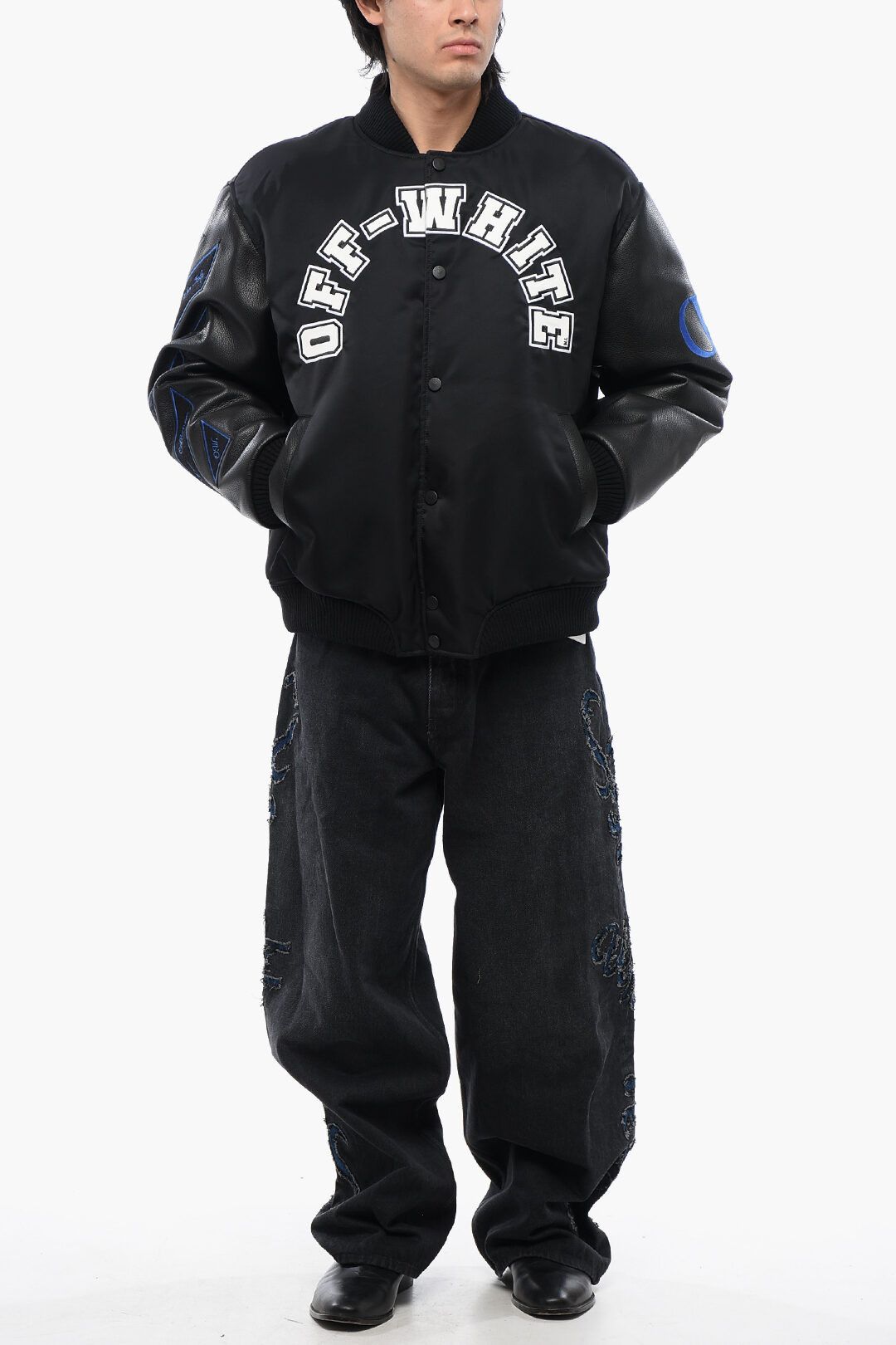 Off-White og1mm1025 Leather Sleeved Bomber Jacket in Black Size US M / EU 48-50 / 2 - 4 Thumbnail