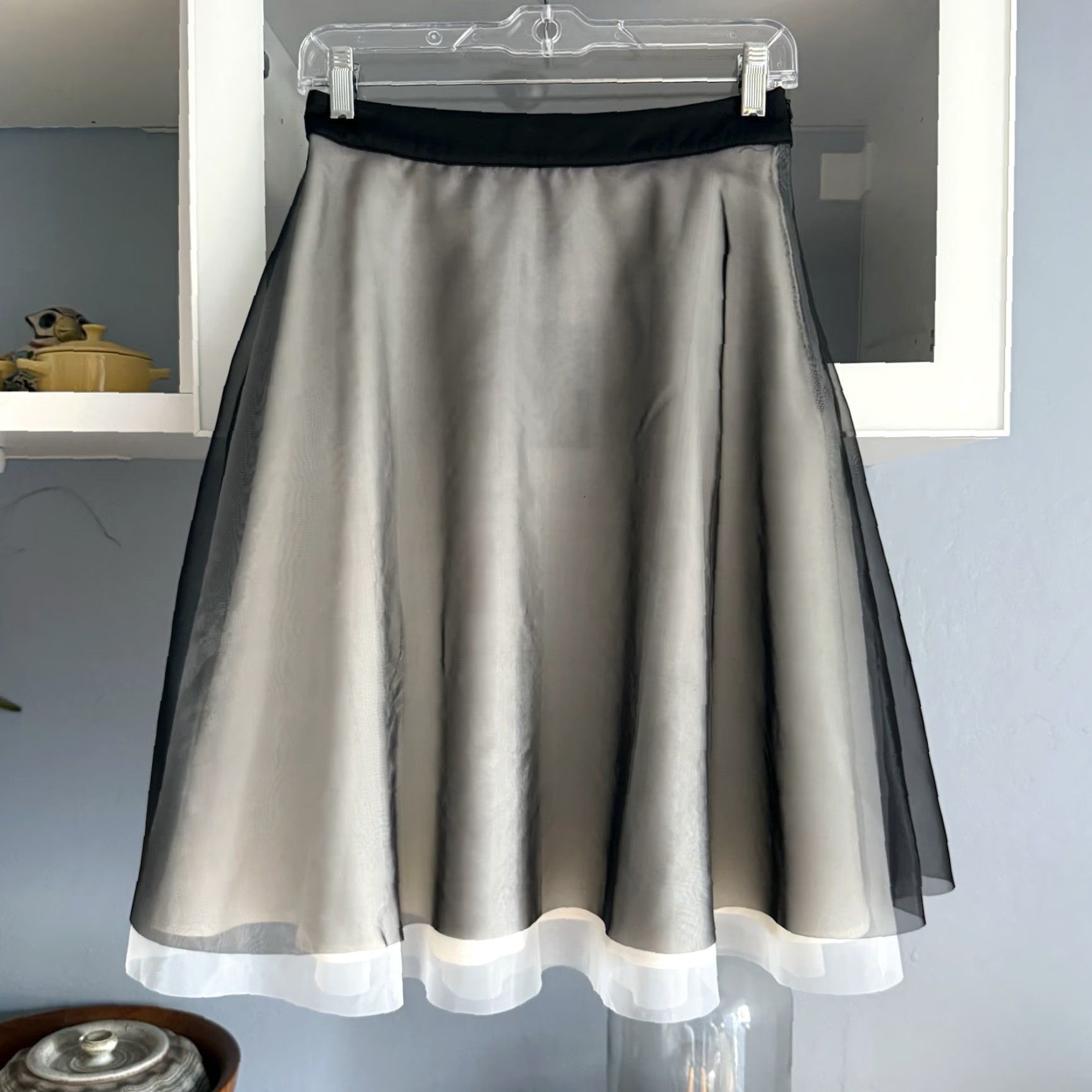 Vintage ASM Skirt A-Line Midi Knee Length Organza Black White Polyester Lined Mid Rise Side Zip Women Size M Size 32" / US 10 / IT 46 - 3 Thumbnail