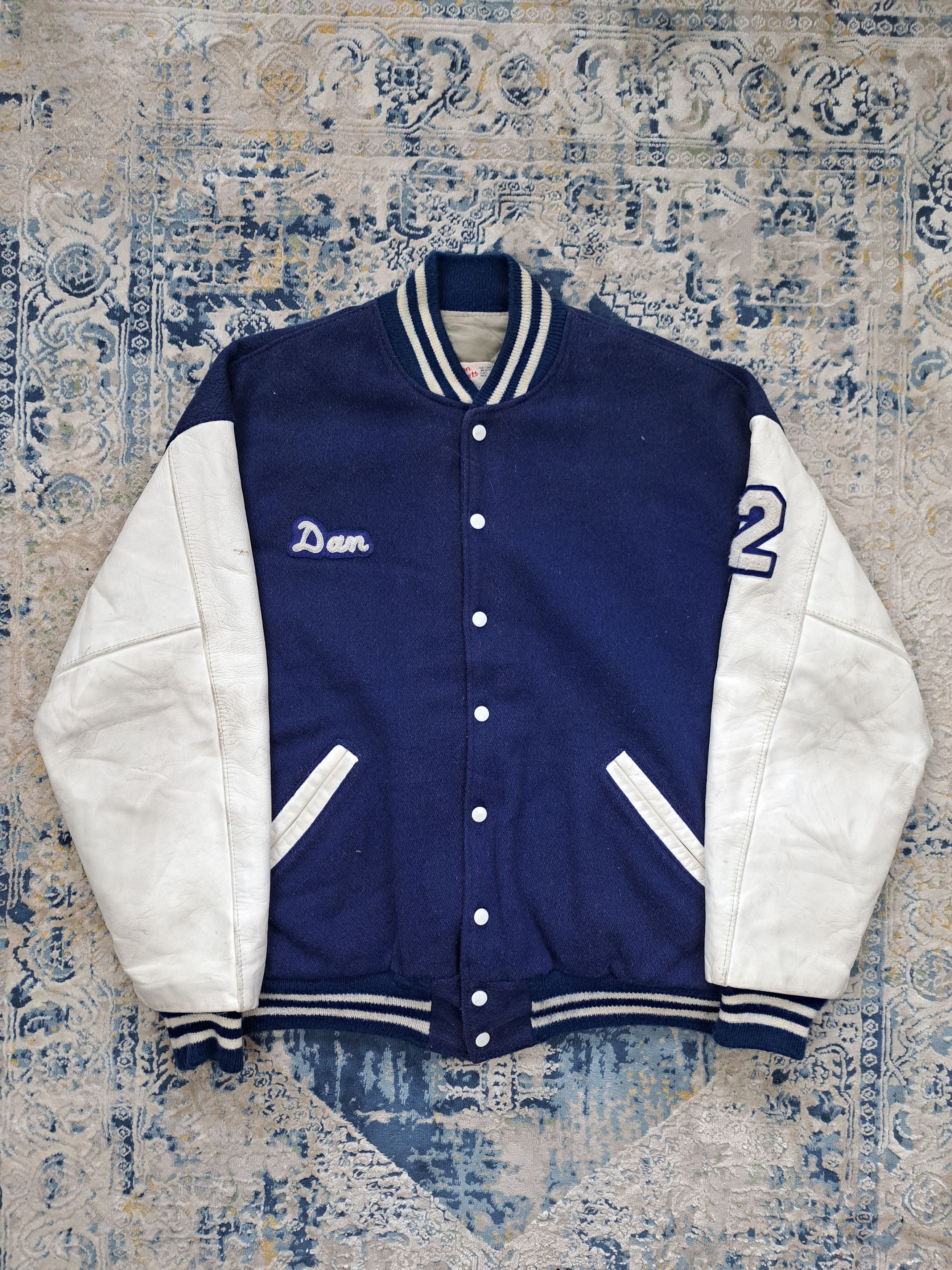 image of VTG 1992 Letterman Varsity Jacket Wool Leather 90's Us Made in Navy, Men's (Size Large)