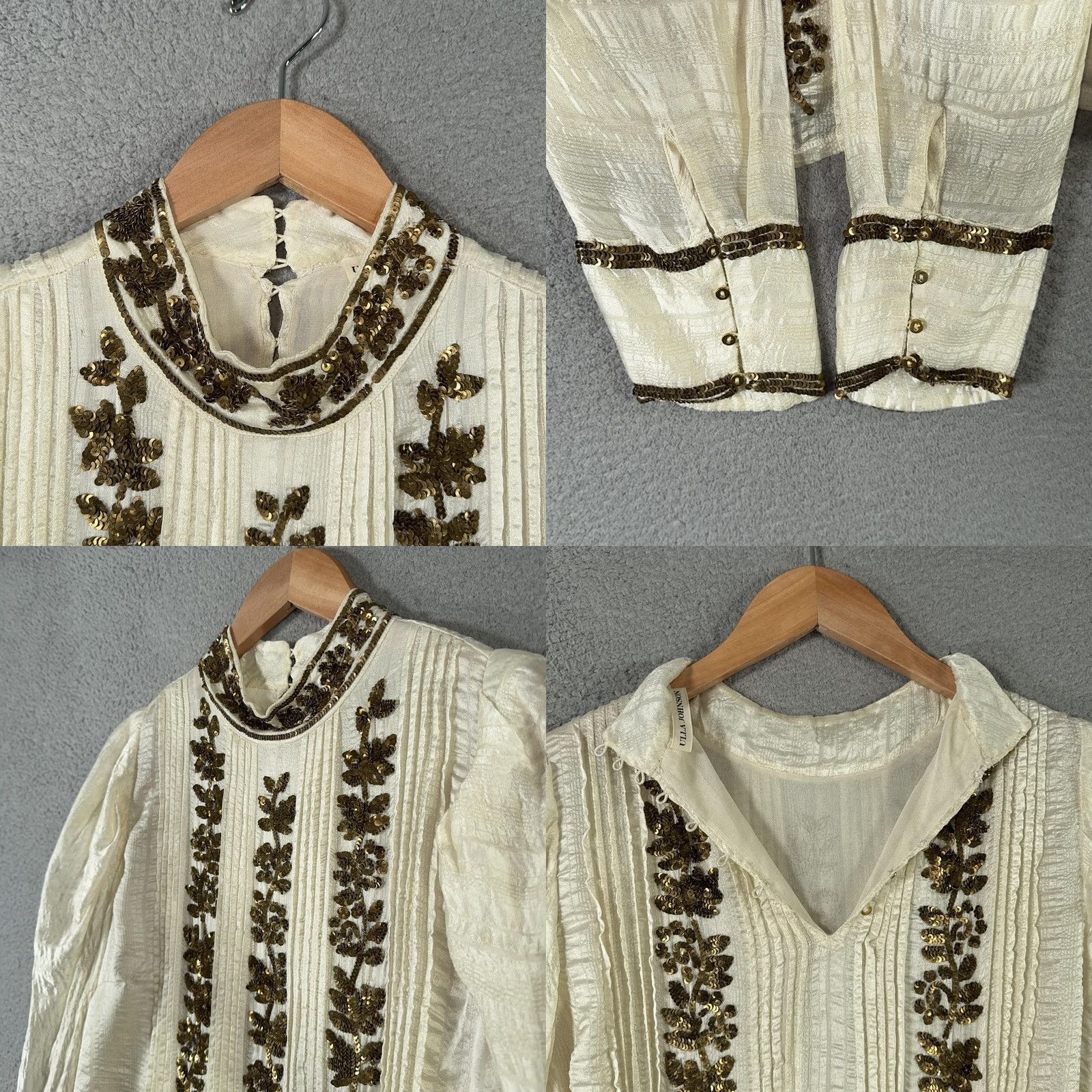 Ulla Johnson Ulla Johnson Blouse Womens Small Silk Viscose Cotton Embroidered Sequin Floral Puff Sleeve High Neck Ivory Vintage Bohemian Top Size S / US 4 / IT 40 - 11 Thumbnail