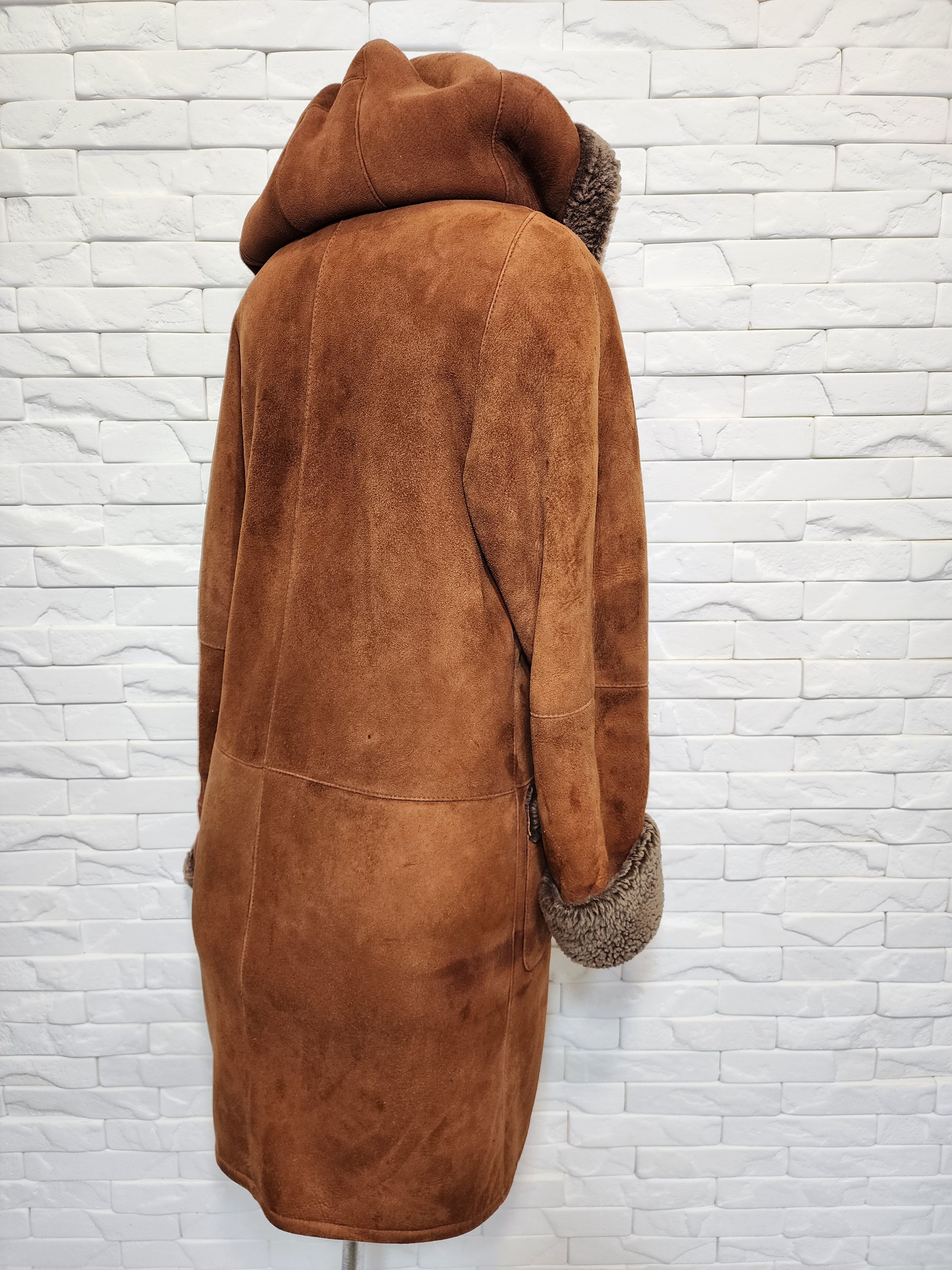 Genuine Leather Women's Brown Sheepskin Coat: Genuine Fur Hood Size L / US 10 / IT 46 - 5 Thumbnail