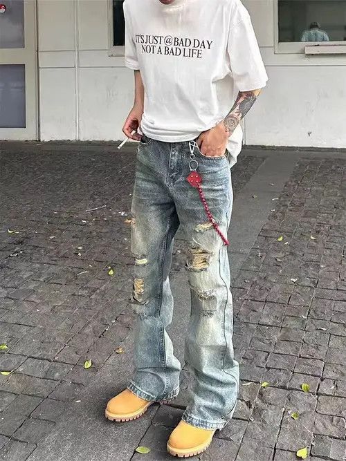 Japanese Brand VIBE Washed vintage irregular ripped Y2K baggy jeans Size US 29 - 7 Thumbnail