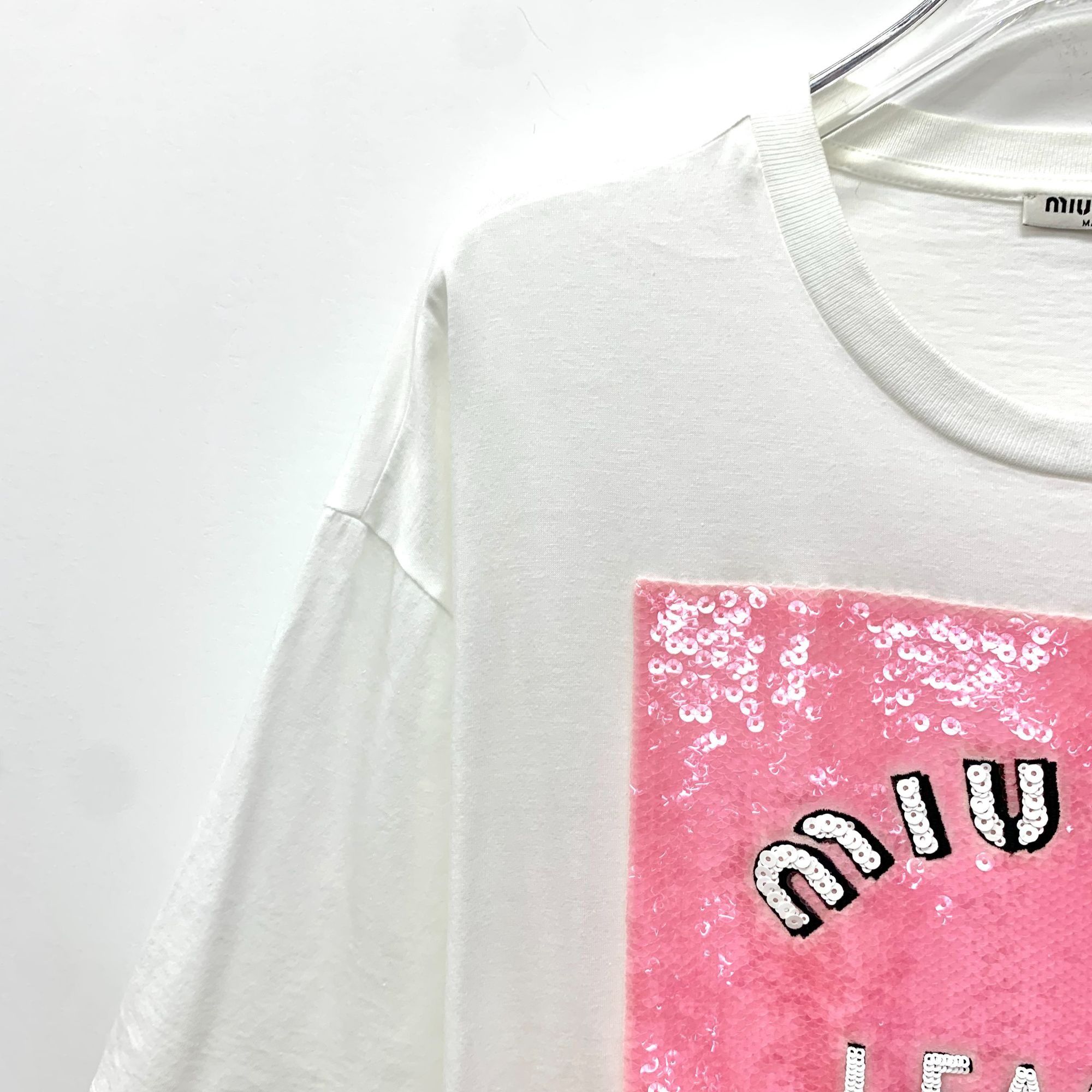 Miu Miu Miu Miu White Logo Sequined Cotton Round Neck Short Sleeve T Size L / US 10 / IT 46 - 6 Thumbnail
