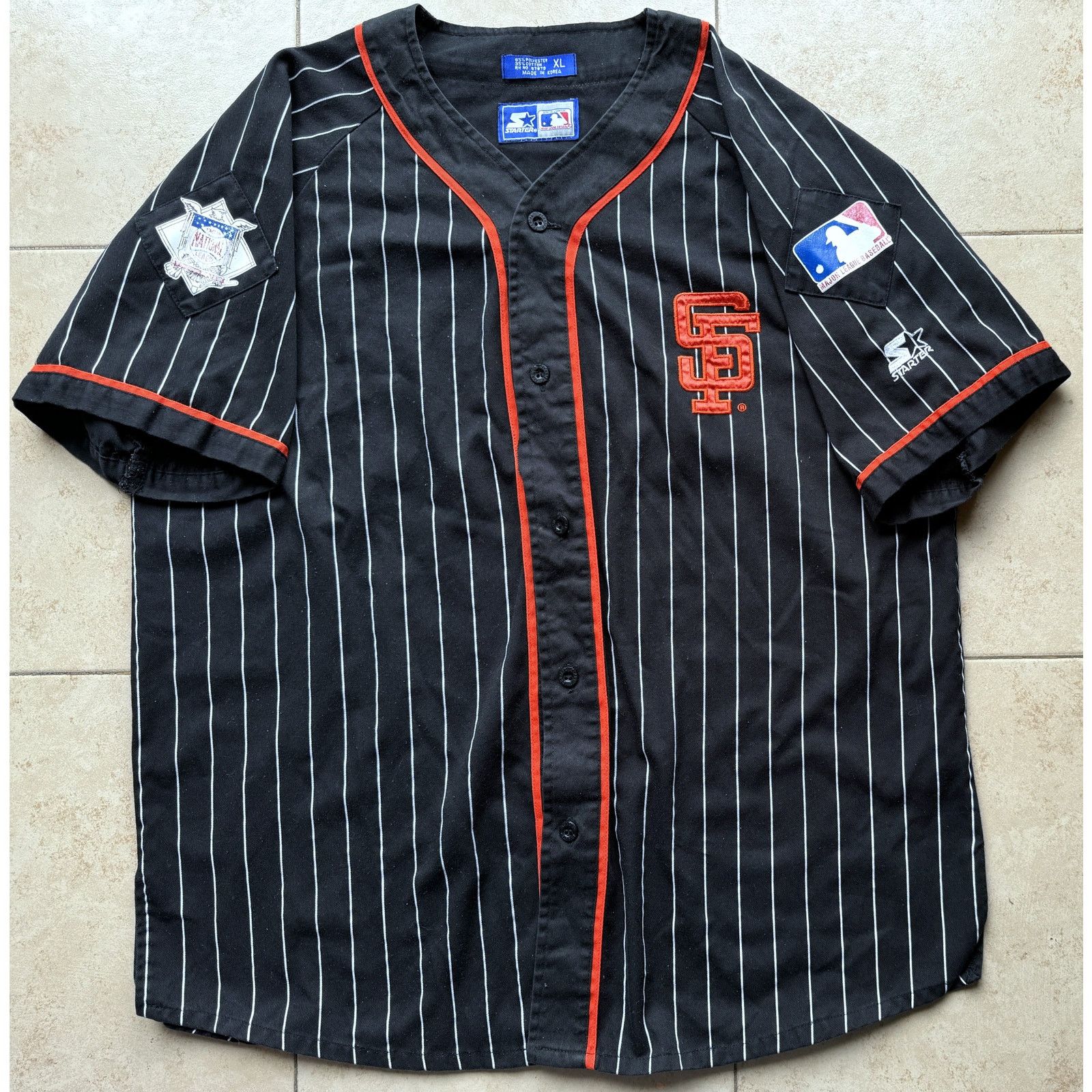 MLB × Starter SF Giants 90s STARTER jersey XL black Pinstripe baseball vtg Size US XL / EU 56 / 4 - 2 Thumbnail