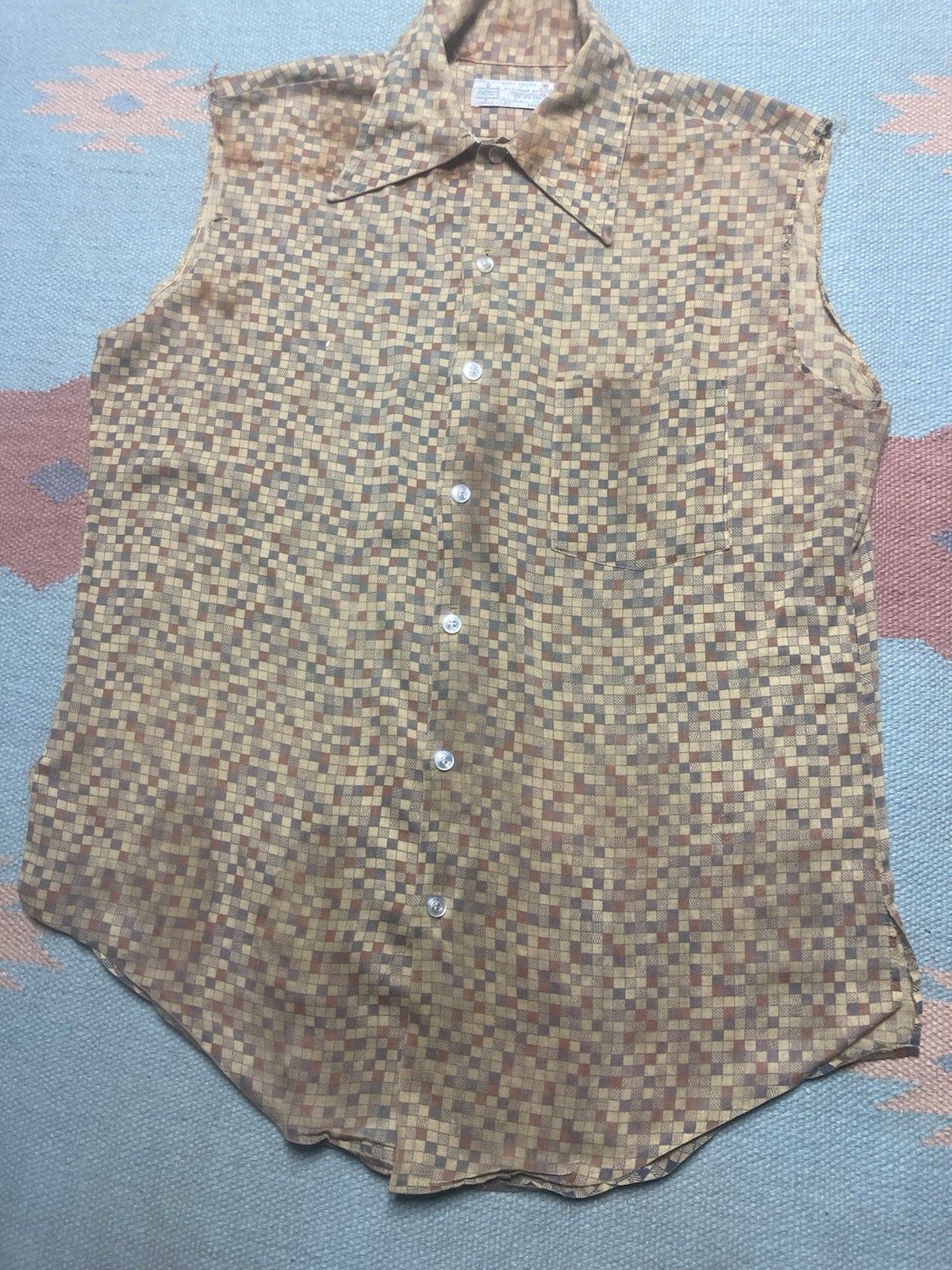 Vintage 70s sleeveless button shirt Kmart distressed thin checker M Size US M / EU 48-50 / 2 - 2 Thumbnail