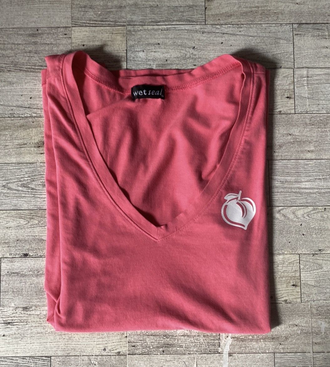 Vintage Retro, Wet Seal, Peach Coral V Neck, Semi Sheer Fitted Tee Size S / US 4 / IT 40 - 5 Thumbnail