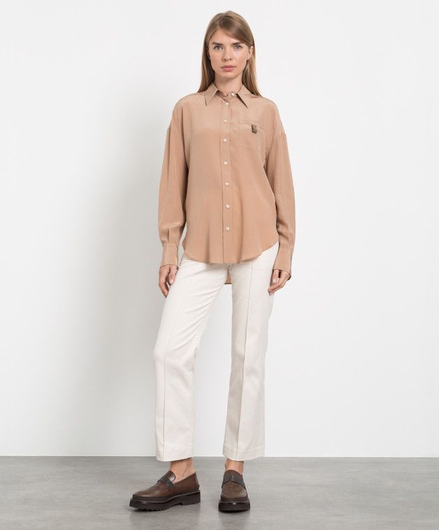 Brunello Cucinelli o1y0725 Silk Shirt in Light Brown Size XXL / US 16-18 / IT 52-54 - 2 Thumbnail
