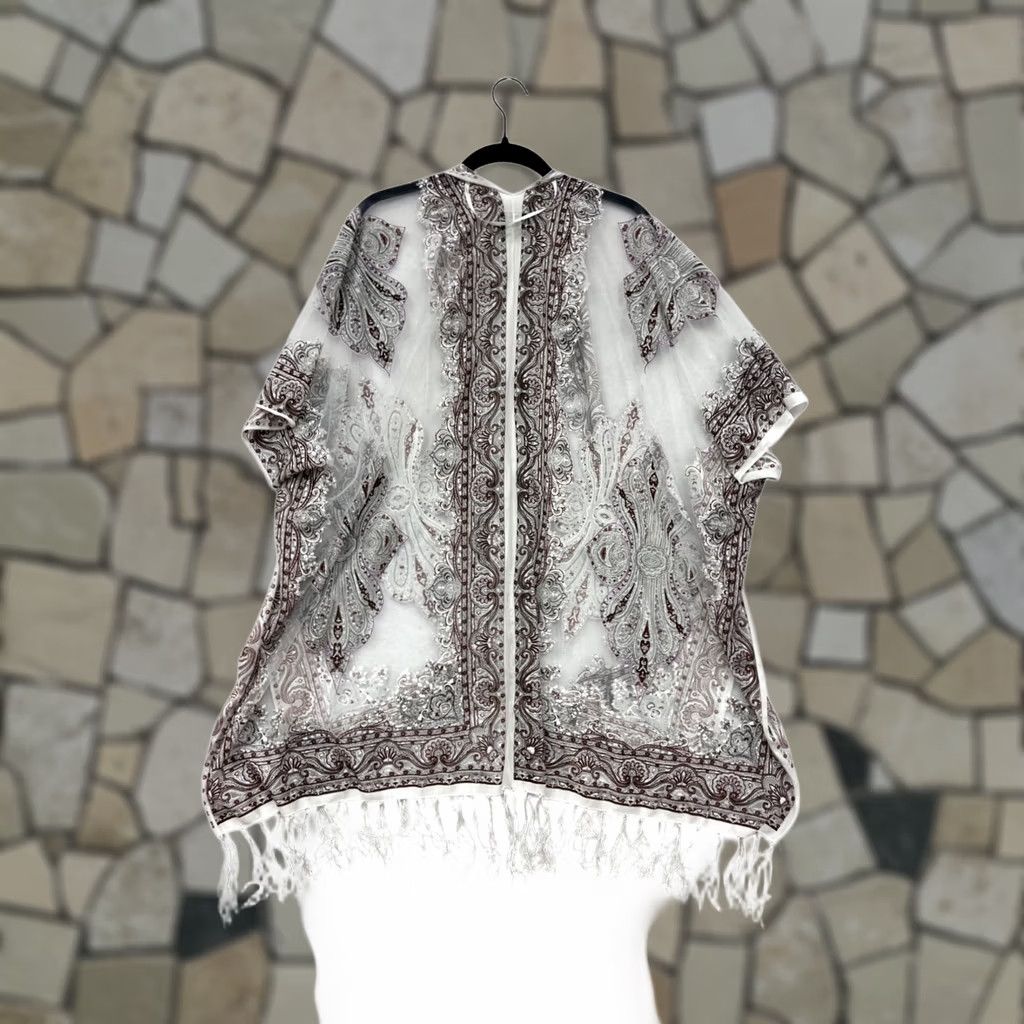 Vintage David And Young Paisley Sheer Fringe Kimono Cardigan Womens OS One Size White Polyester Rayon Blouse Open Front Fringe Shawl 90s? Size ONE SIZE - 1 Thumbnail