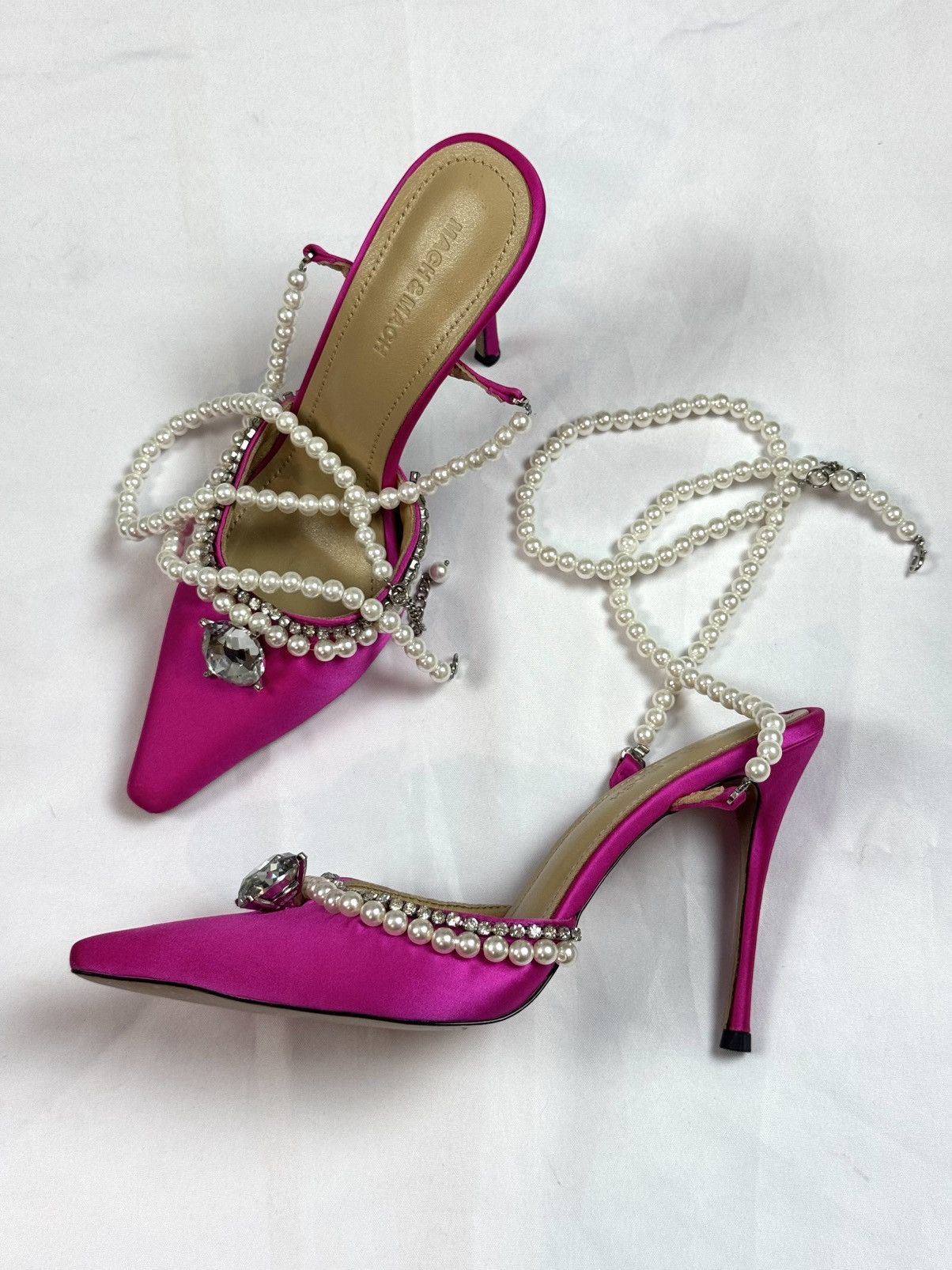 MACH & MACH Crystal Embellished Leather / Satin Pumps Pearl Lace Ties 38 Size US 7 / IT 37 - 1 Thumbnail