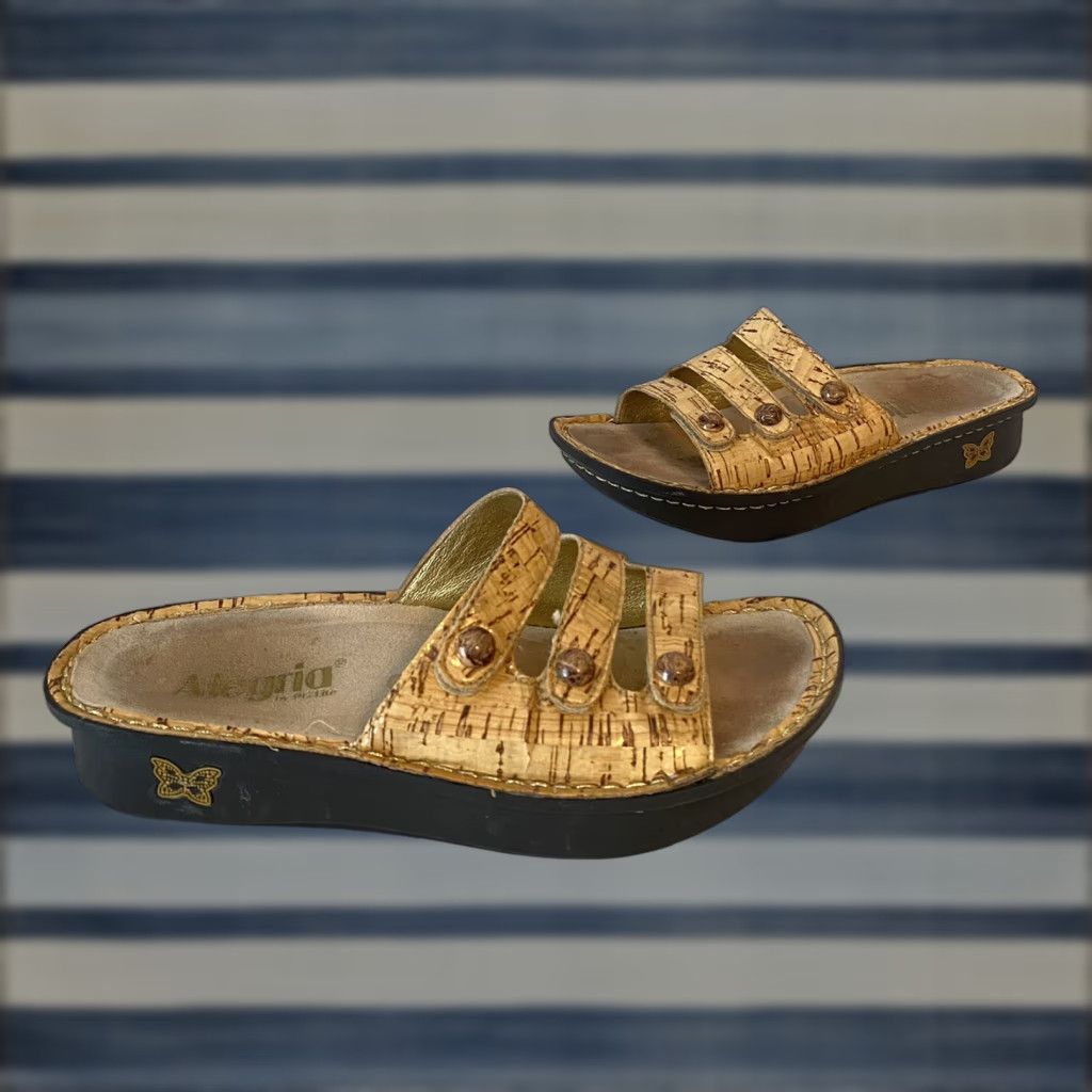 Vintage Alegria Algeria Fiona F10-418 Leather Cork Print 3 Strap Slide Sandals Beige 38/US 7.5 Cork Pattern Casual Women Size US 8 / IT 38 - 1 Thumbnail