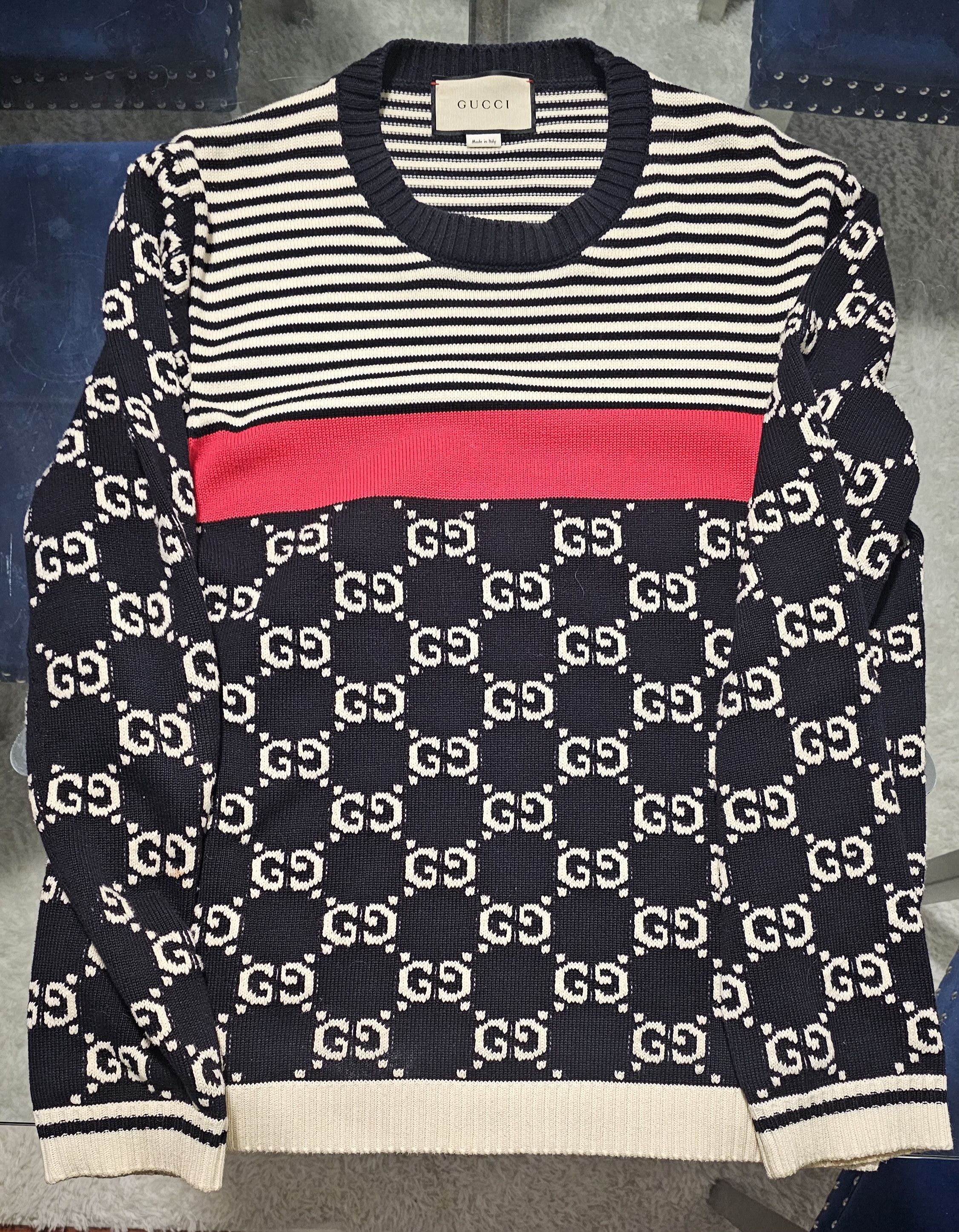 Gucci GucciMen's GG Logo Striped Knit Sweater DarkBlue Size US L / EU 52-54 / 3 - 1 Thumbnail