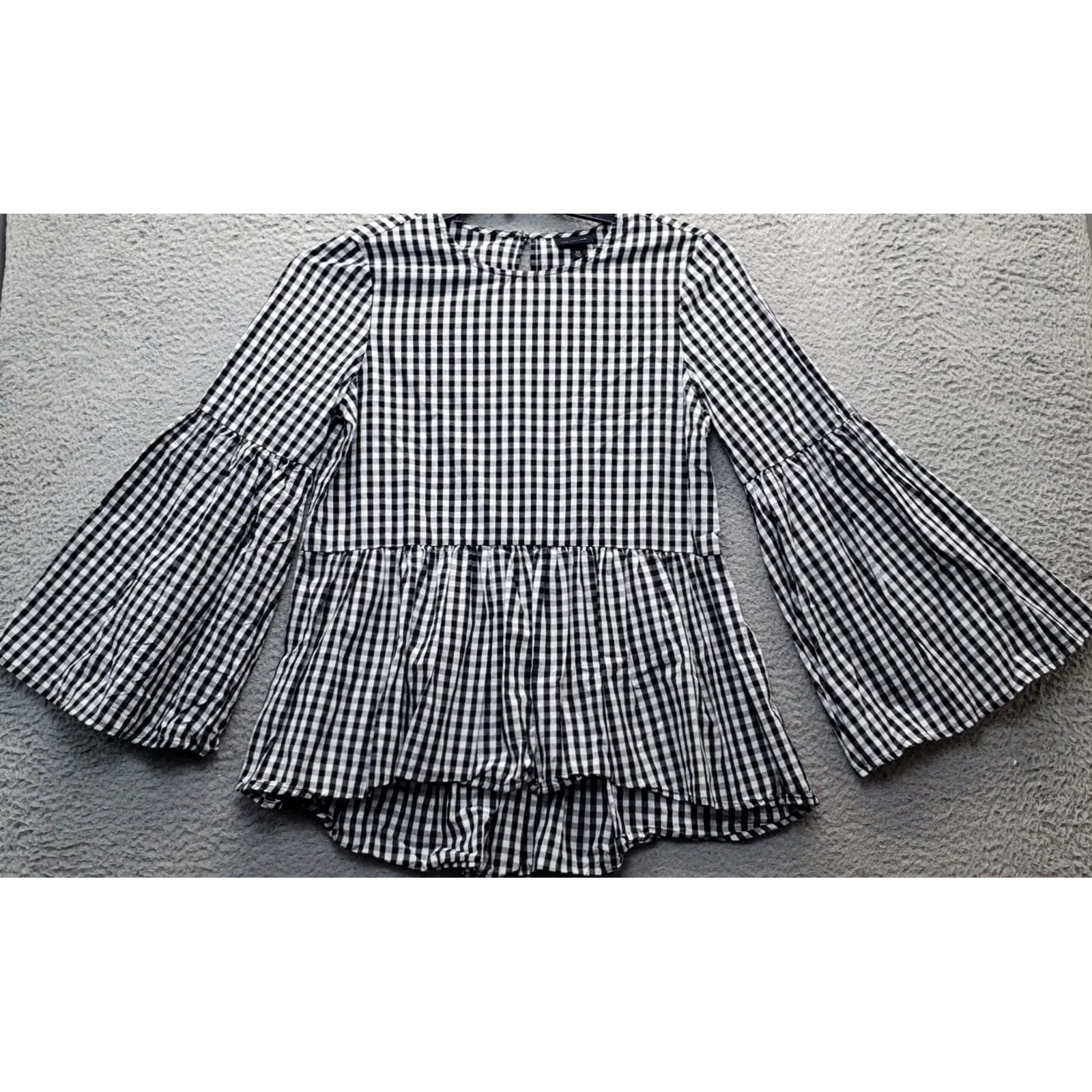 Bell WHO WHAT WEAR Blouse Womens XS Multicolor Gingham Check Bell Sleeve Ruffle Hem Blouse Womens XS Multicolor Check Bell Sleeve Hem Size XS / US 0-2 / IT 36-38 - 2 Thumbnail