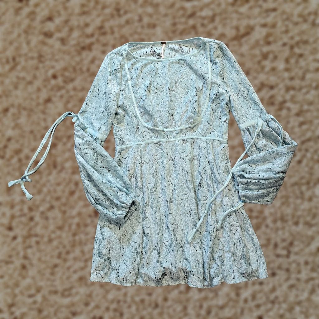 Free People Free People Dress Womens Size S Green Lace Sheer Peasant Boho Hippie Casual A-Line Short Sleeve Balloon Night? Size S / US 4 / IT 40 - 1 Thumbnail