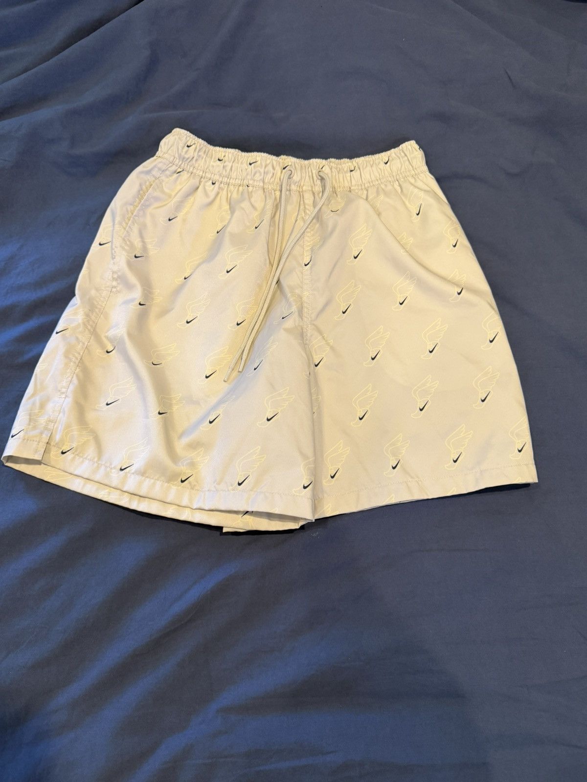 Nike Swim Trunks Winged Foot Print Volley Shorts Cream Small