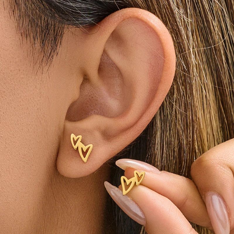 Jewelry Double Love Heart Mini Stud Earrings Charm Earring Gift Size ONE SIZE - 1 Thumbnail