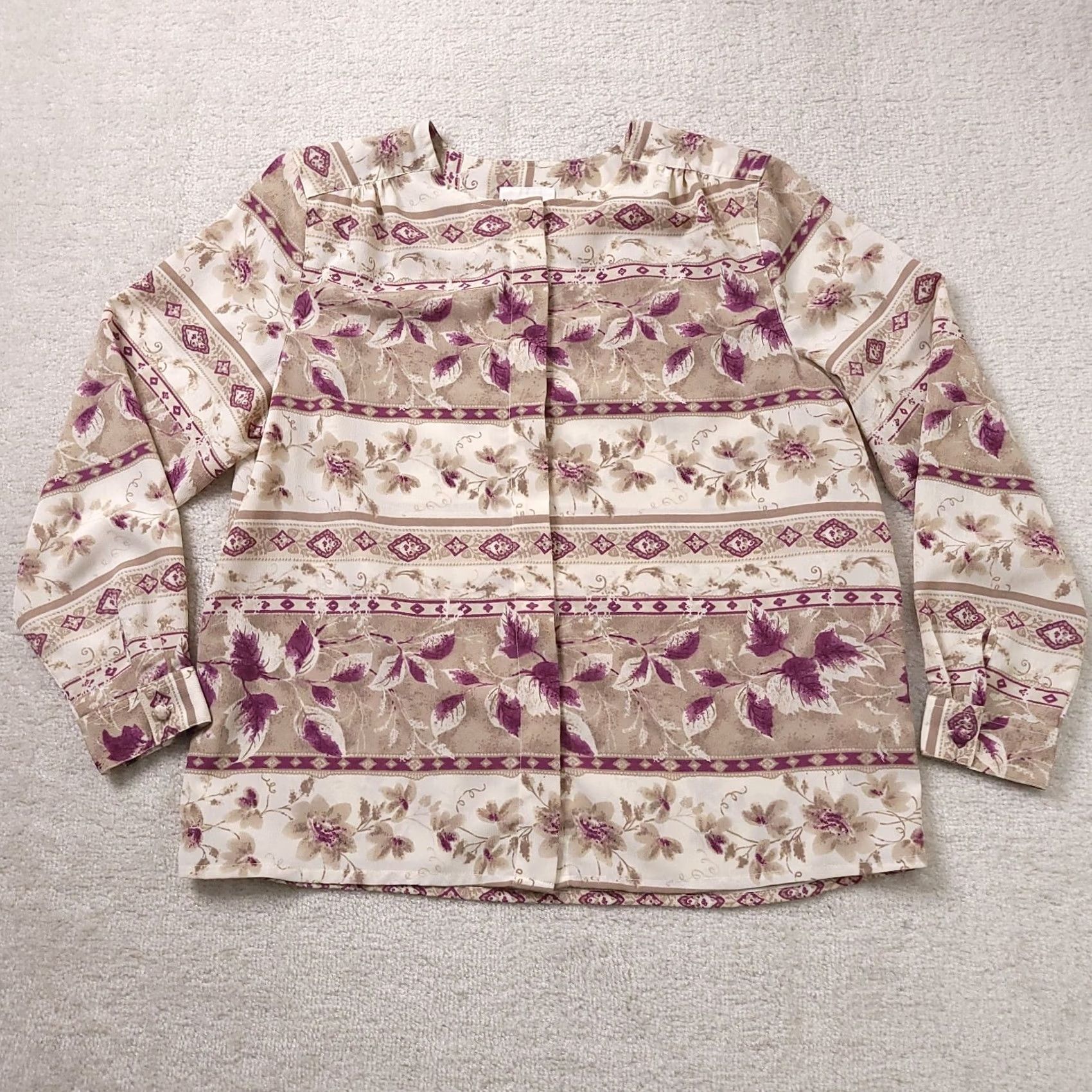 Vintage Alfred Dunner Womens Beige Purple Floral Button Up Shoulder Pads Top Sz 16P Size XXL / US 16-18 / IT 52-54 - 2 Thumbnail