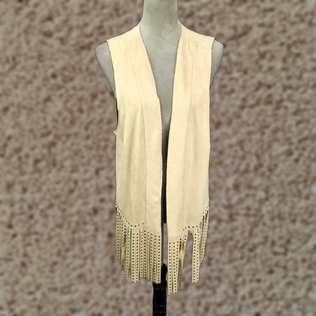 Vintage Vocal Cardigan Womens L Tan Faux Suede Studded Tasseled Fringe Western Boho Cardigan Vest Vest? Size L / US 10 / IT 46 - 1 Thumbnail