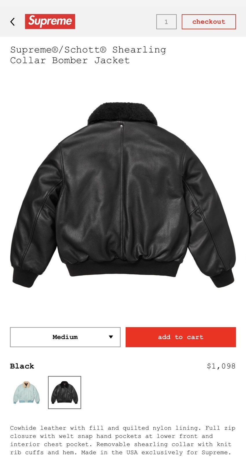 Schott × Supreme Supreme®/Schott® Shearling Collar Bomber Jacket Size US M / EU 48-50 / 2 - 3 Thumbnail