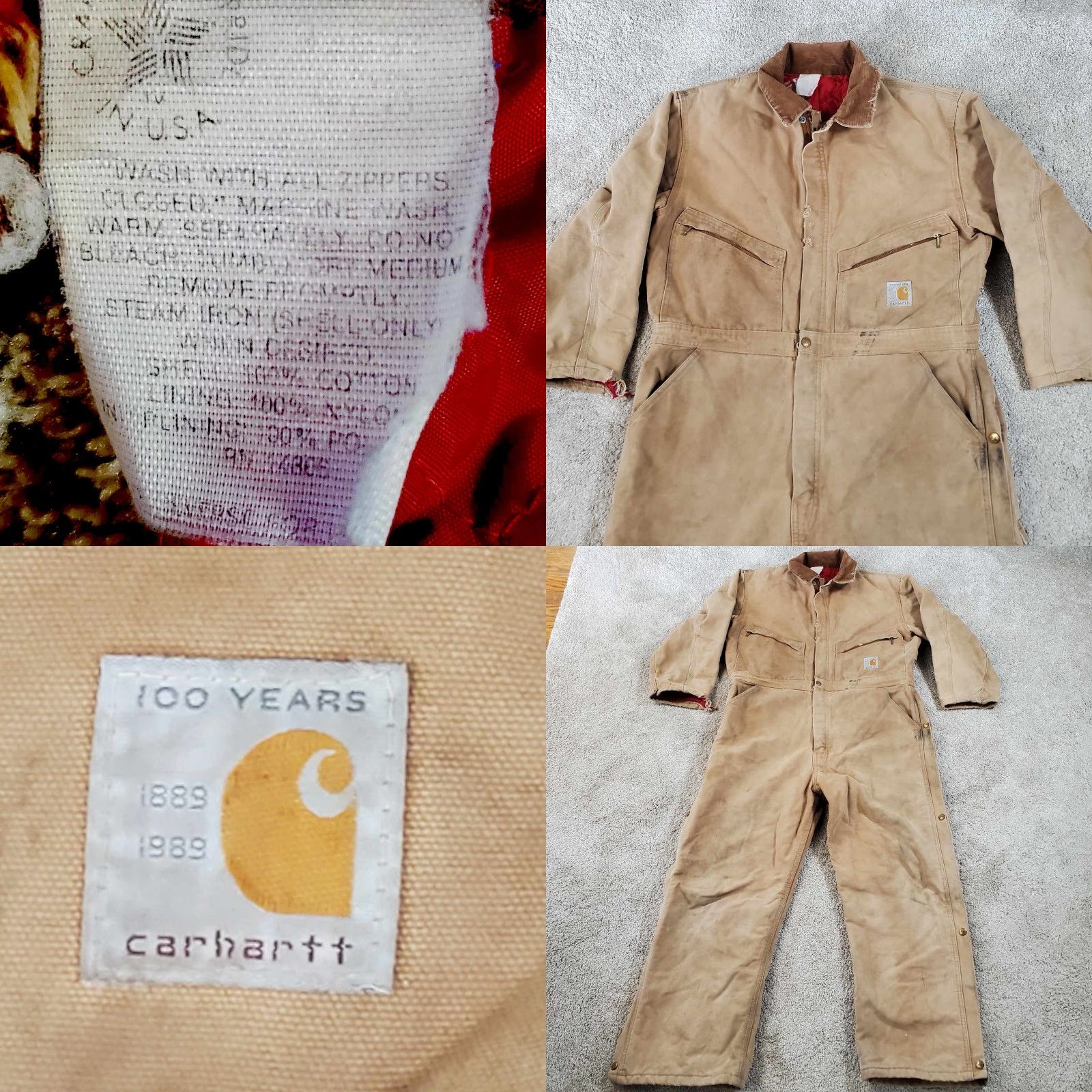 Carhartt Vtg 1989 Carhartt Canvas Duck Coveralls 42R Insulated Lined Distressed Workwear 80s Hunting Mens Brown Long Zip Pockets Logo Zipper Size US 42 / EU 58 - 10 Thumbnail