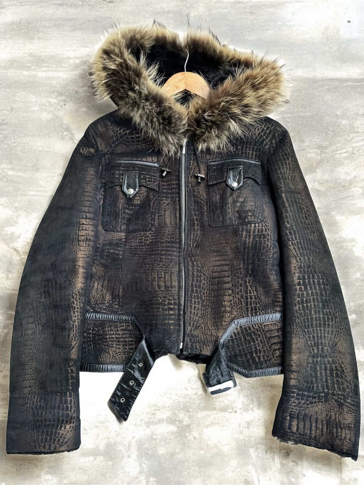 Vintage Fur/Suede/Leather Hooded Reptile Print Jacket