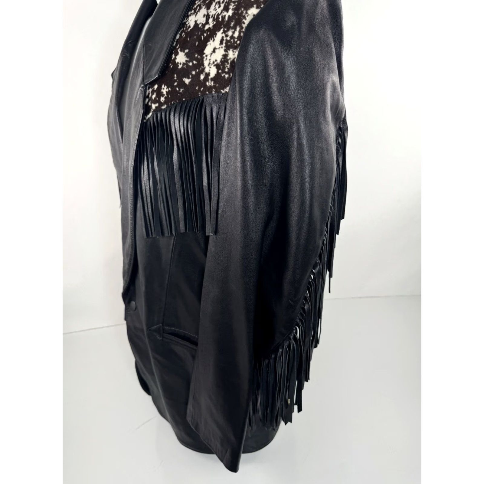 Vintage MICHAEL HOBAN Fringe LEATHER Western Cowhide 40 Blazer Jacket - EXCELLENT Size 40R - 4 Thumbnail