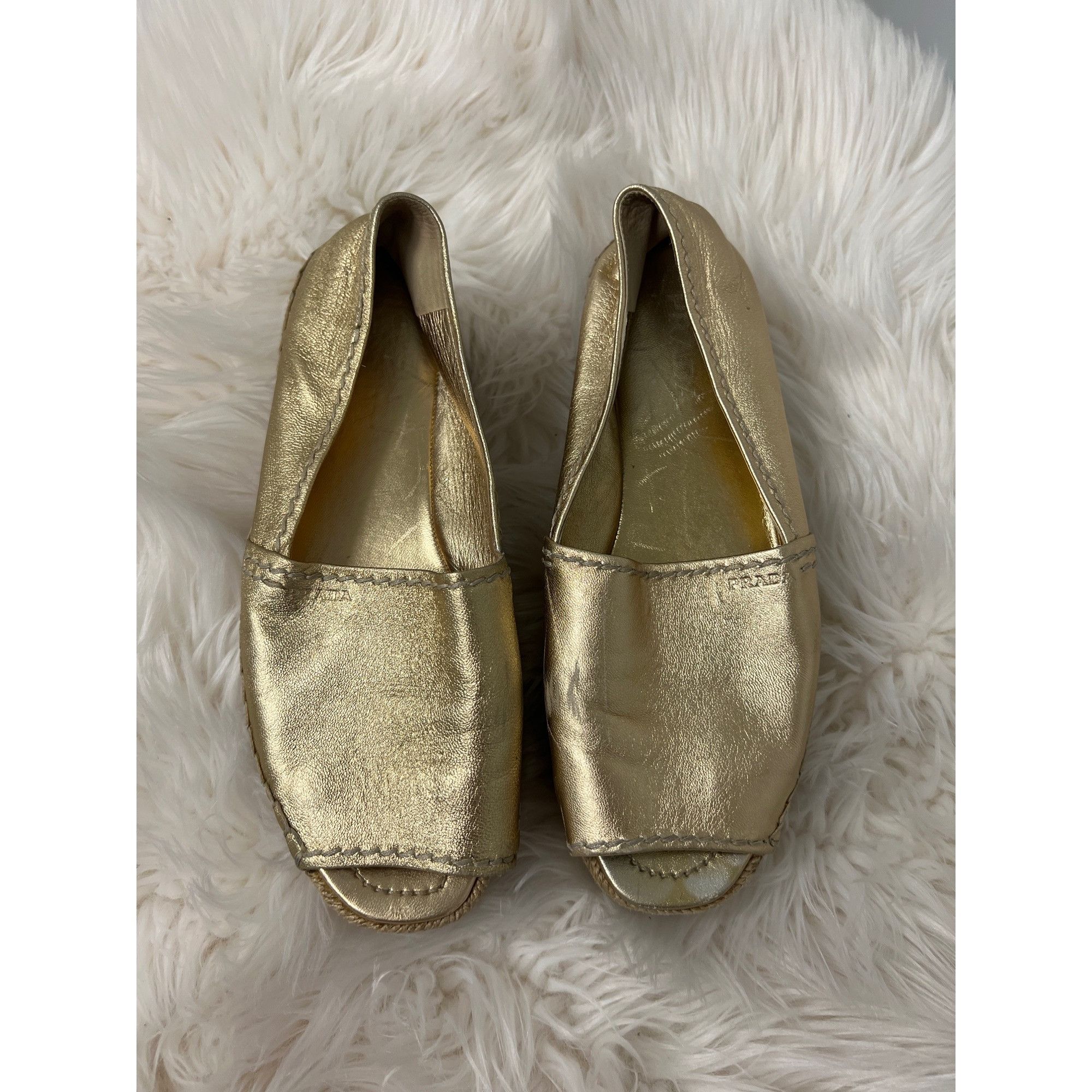 Prada Prada Gold Metallic Peep-Toe Espadrilles Size US 7.5 / IT 37.5 - 21 Thumbnail