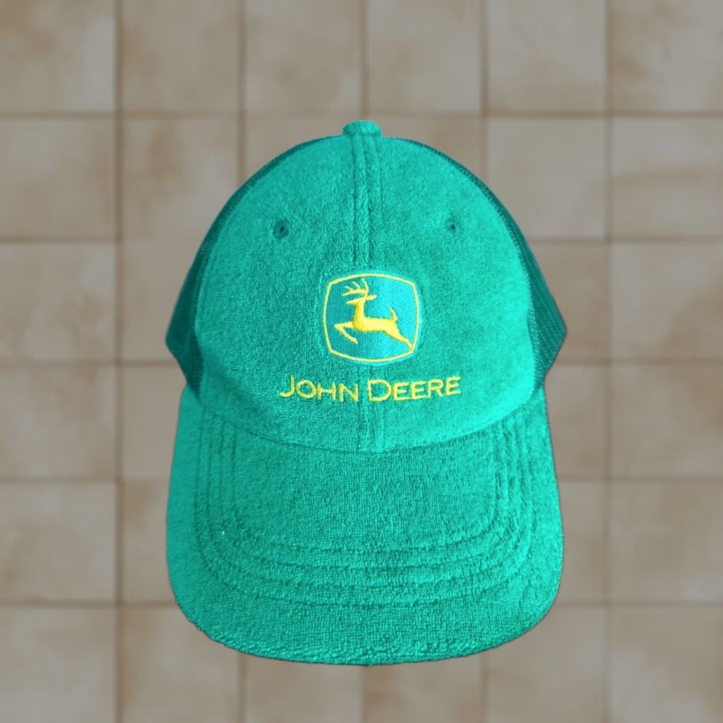 John Deere Vintage John Deere Green MPC Promotions Snapback Hat Terry Cloth Trucker Adjustable Green Logo 90s Mens Size ONE SIZE - 1 Thumbnail