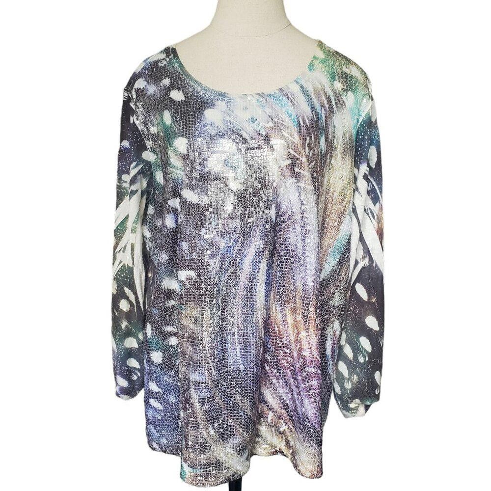 Chicos CT728 Chico's Long Sleeve Sequined Scoop Neck Top XL Size XL / US 12-14 / IT 48-50 - 1 Thumbnail