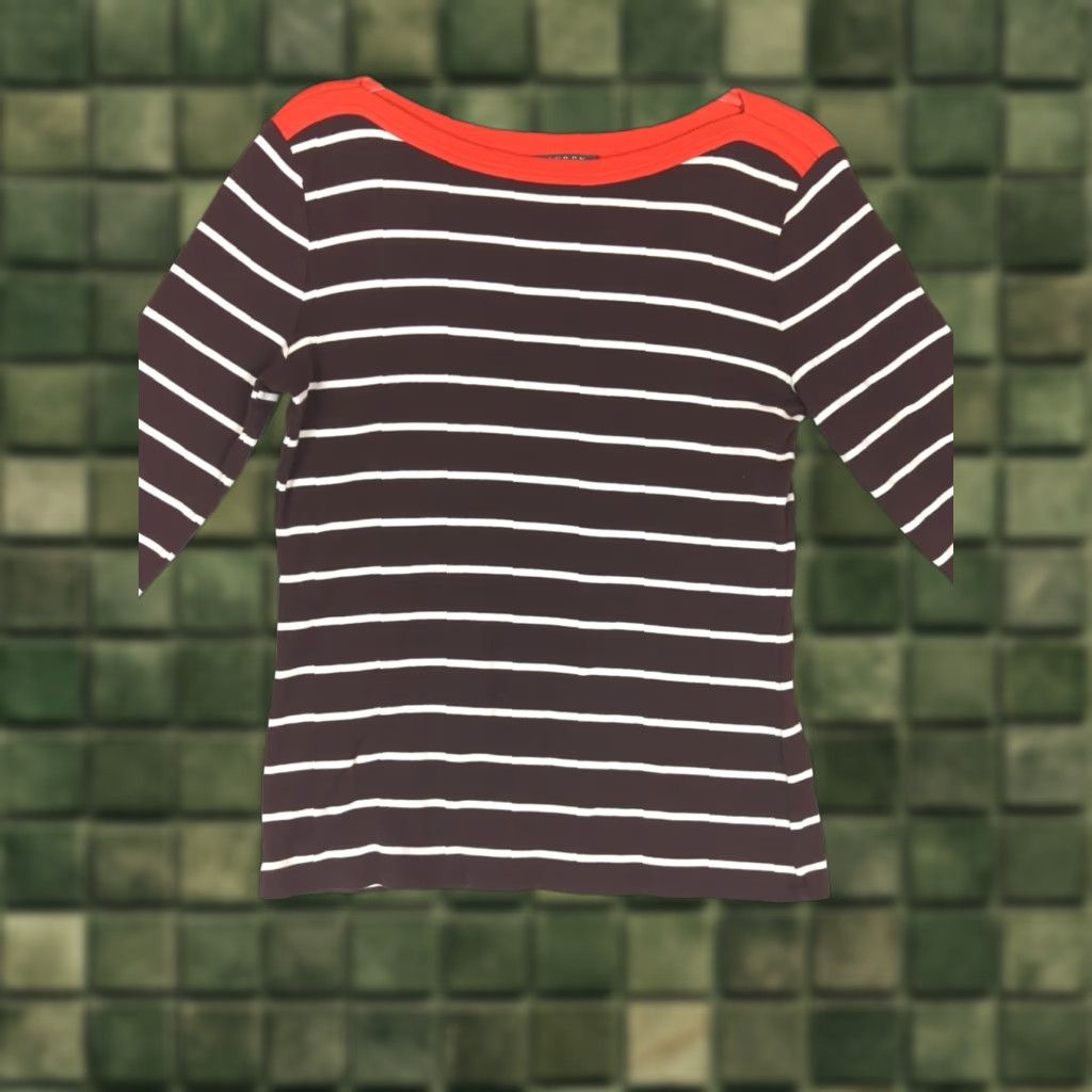 Ralph Lauren Lauren Ralph Lauren Womens Brown Striped Tee Shirt 3/4 Sleeve Boat Neck Sz L Mens Womens Girls Boys? Size L / US 10 / IT 46 - 1 Thumbnail