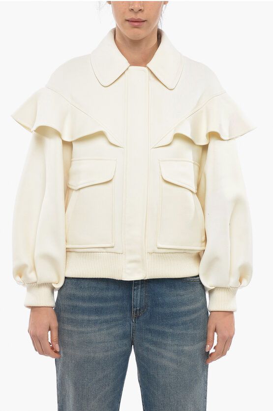 image of Chloe Wool Bomber With Shoulder Ruffle in Beige, Women's (Size Small)