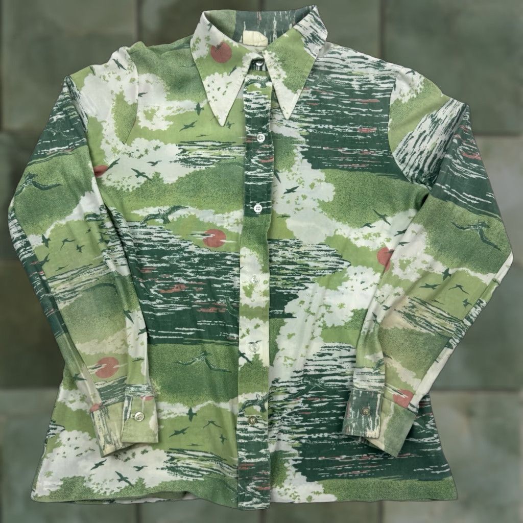 MCM VINTAGE MCM Button-Up Womens Small S Collared 60s 70s Mid Century Modern Rayon Green Long Sleeve Printed Clothing Size S / US 4 / IT 40 - 1 Thumbnail