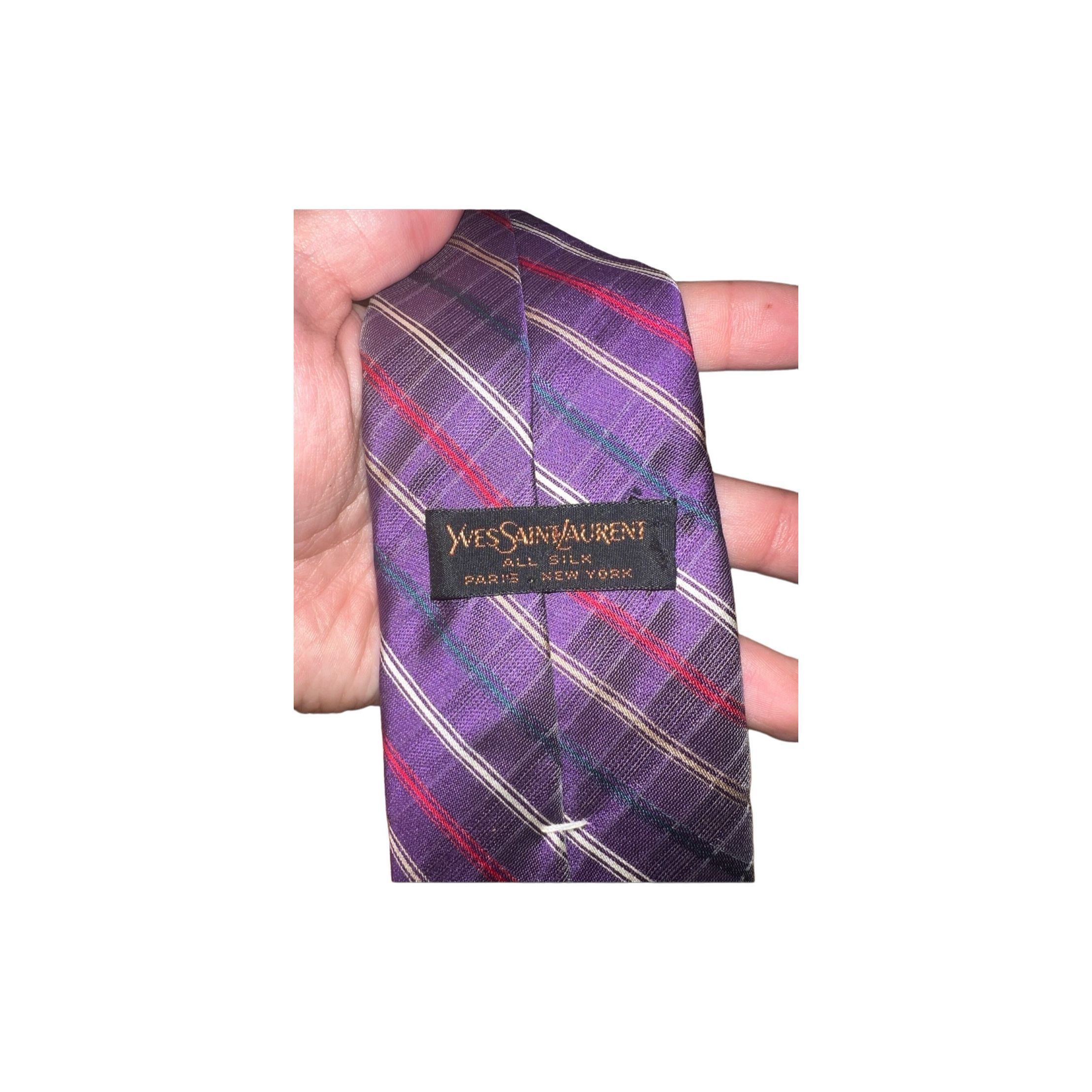 Yves Saint Laurent Purple Saint Laurent Striped Handmade Silk Neck Tie Size ONE SIZE - 2 Thumbnail