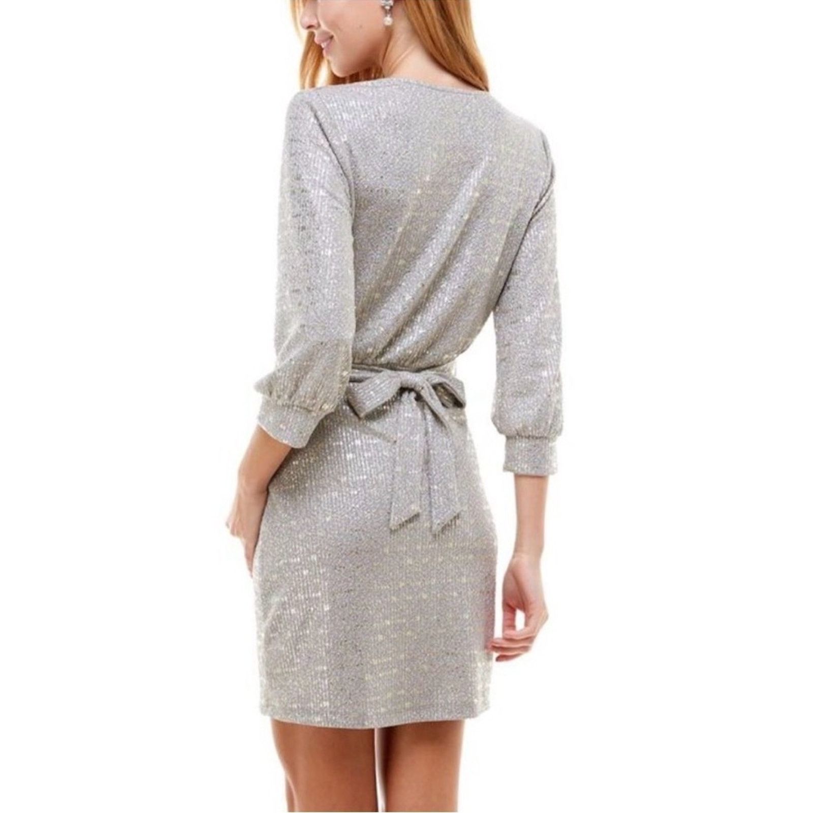 Other Y2K Party shimmery Silver Wrap Dress w 3/4 sleeves size XS Size S / US 4 / IT 40 - 2 Thumbnail