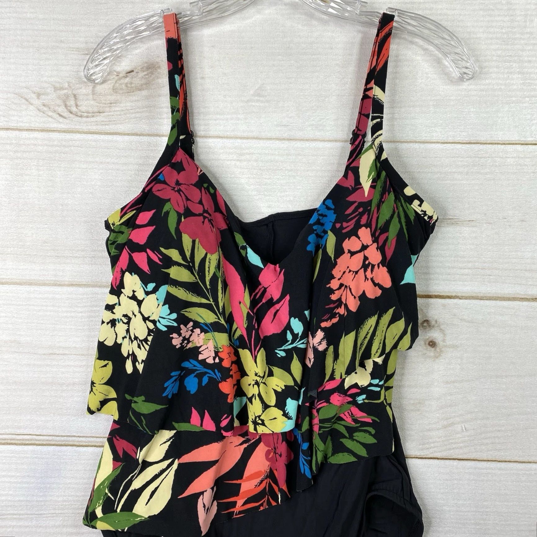 Vintage VINTAGE Aqua Green One Piece Swimsuit Womens L Black Floral Ruffled Strappy Beach NEW Size ONE SIZE - 2 Thumbnail