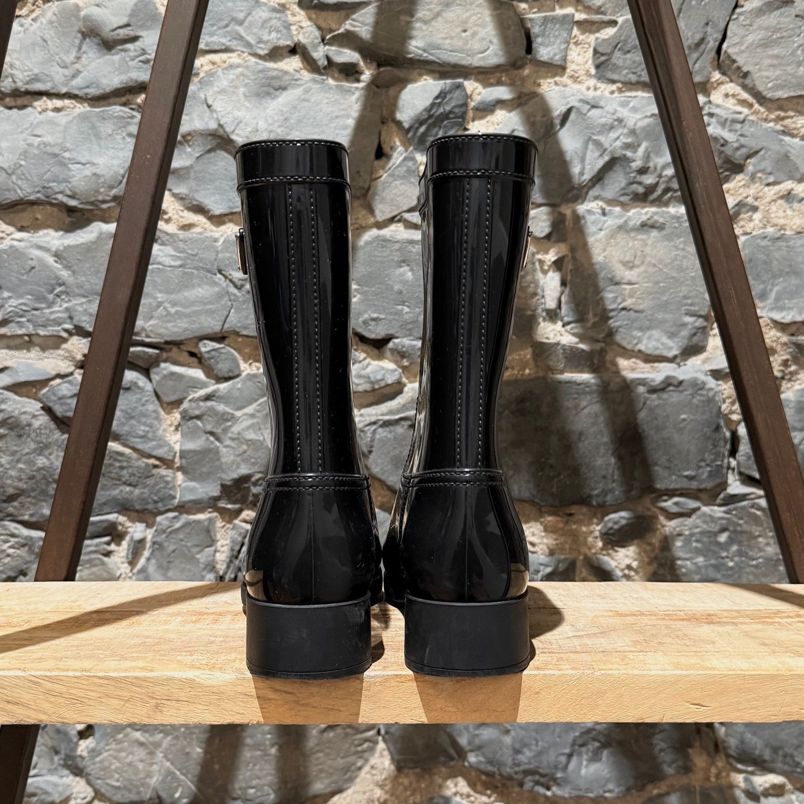Prada Prada Black Enamel Triangle Mid-Calf Rain Boots Size US 8 / IT 38 - 6 Thumbnail