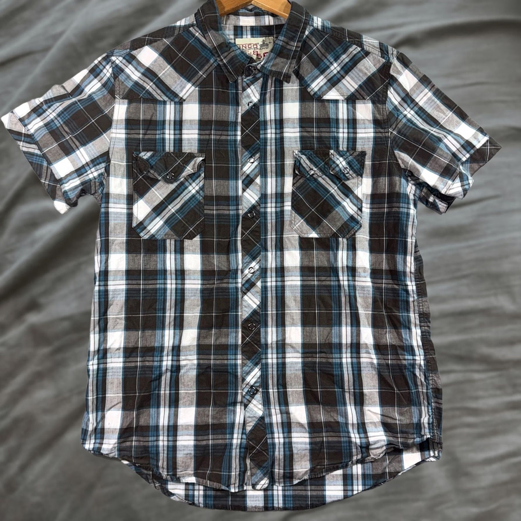 JNCO JNCO Crown Brand Shirt Boys XL Blue Gray Plaid Button Up Slim Fit Short Sleeve Size US XL / EU 56 / 4 - 1 Thumbnail