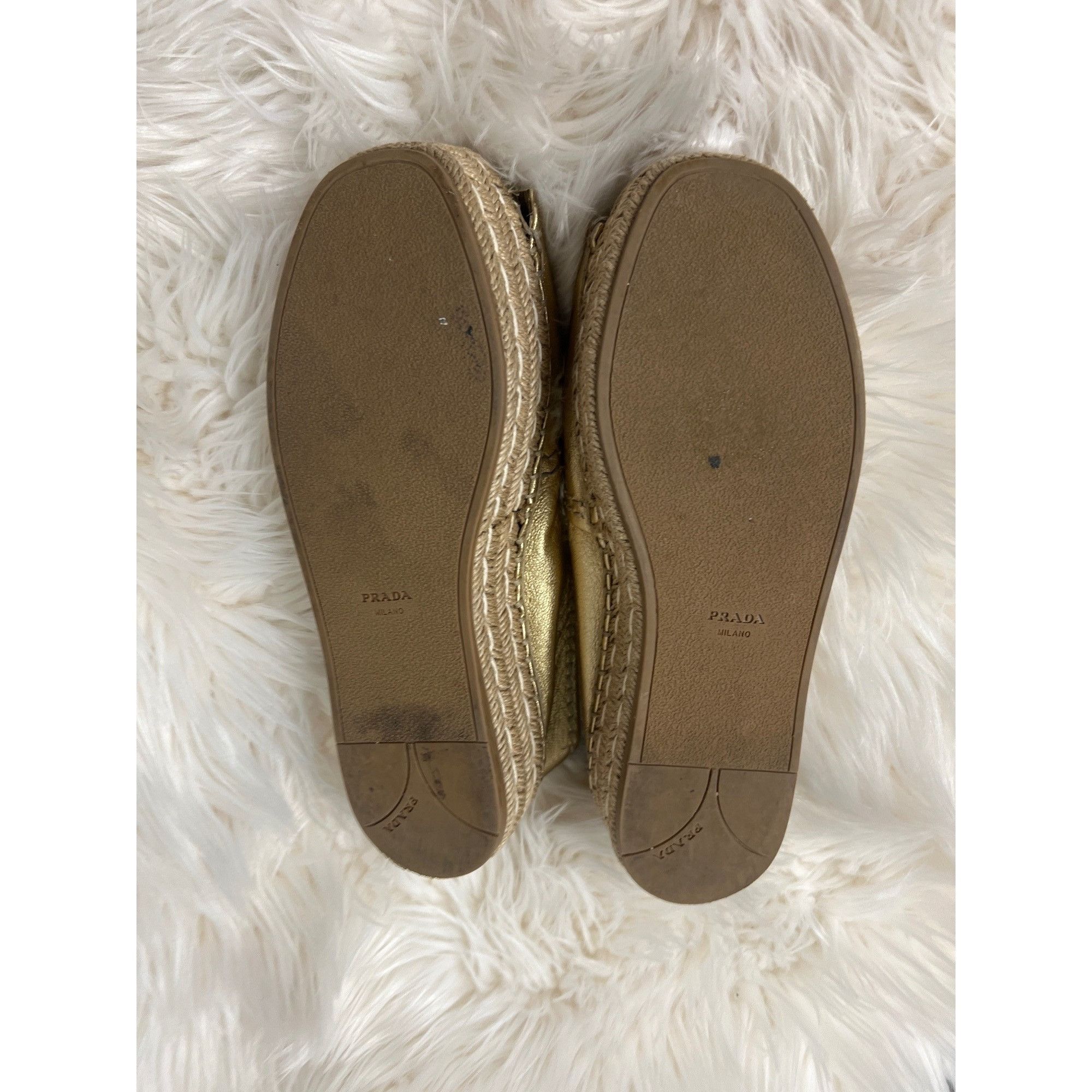 Prada Prada Gold Metallic Peep-Toe Espadrilles Size US 7.5 / IT 37.5 - 15 Thumbnail