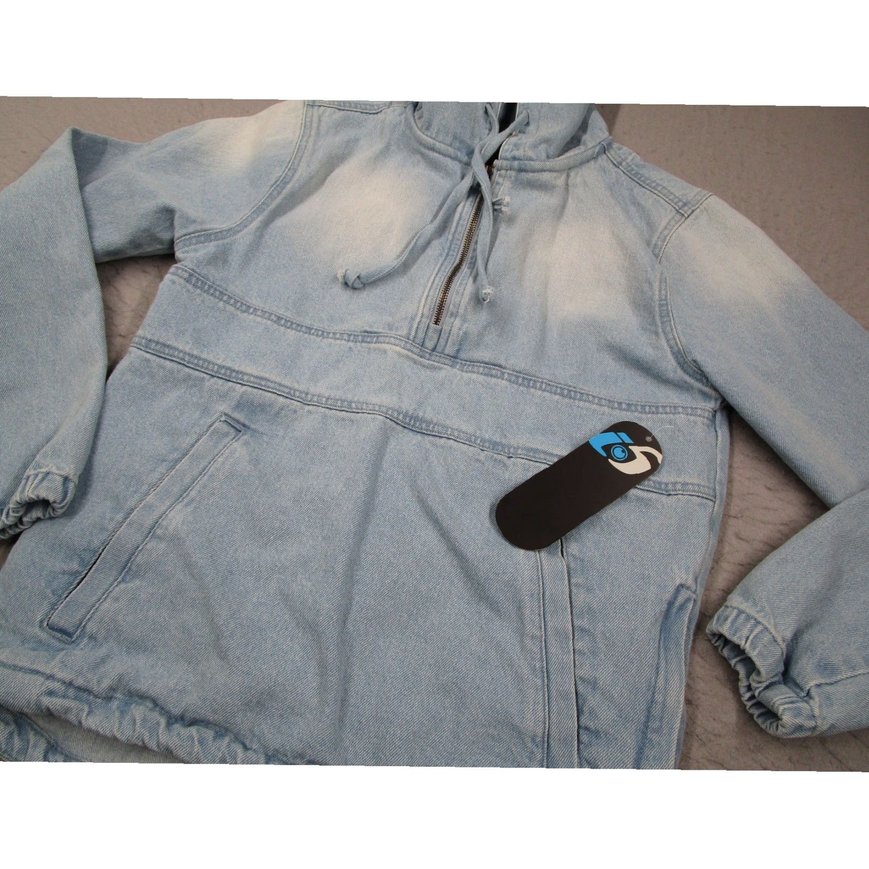 Vintage VINTAGE i5 Apparel Womens Small Denim Anorak Hoodie Quarter Zip Pullover Y2K Logo Zipper Pockets Elastic Drawstring Casual Jacket Coat Size S / US 4 / IT 40 - 2 Thumbnail