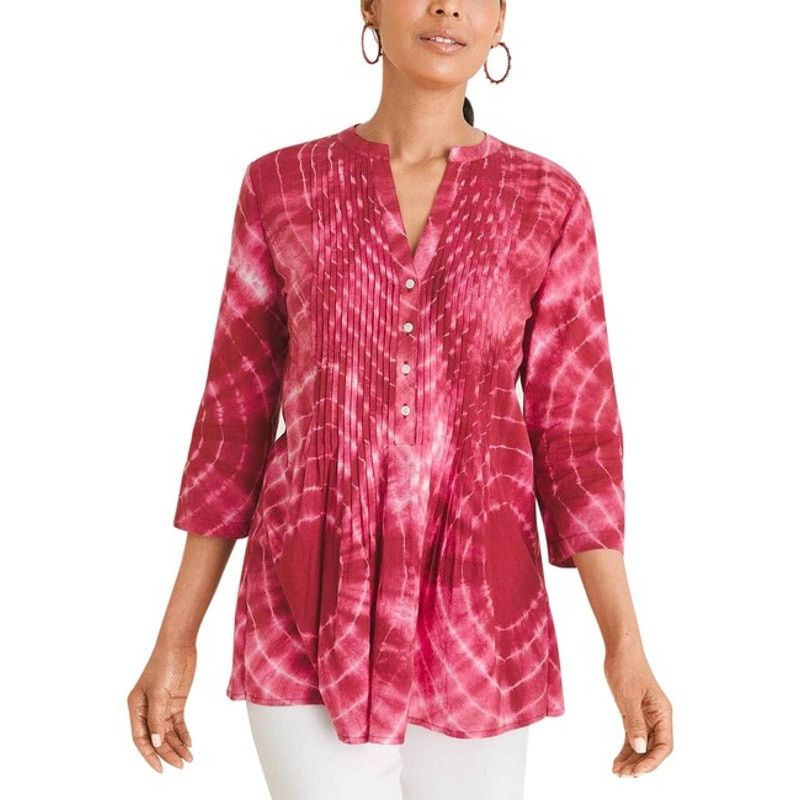 Chicos Chico's Petite Tie Dye Pintuck Peasant Blouse Deep Cherry Size XS / US 0-2 / IT 36-38 - 3 Thumbnail