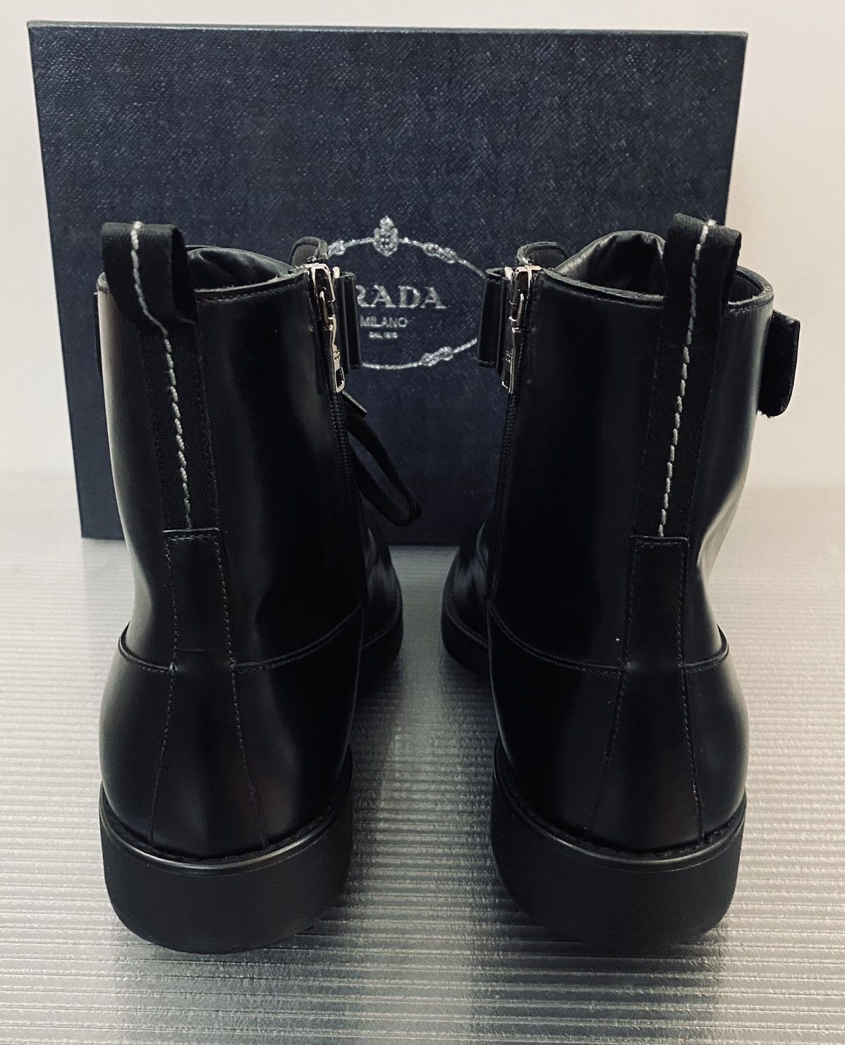 Prada Prada 🇮🇹 black calf side zip top collar combat boots 10 NEW Size US 10 / EU 43 - 6 Thumbnail
