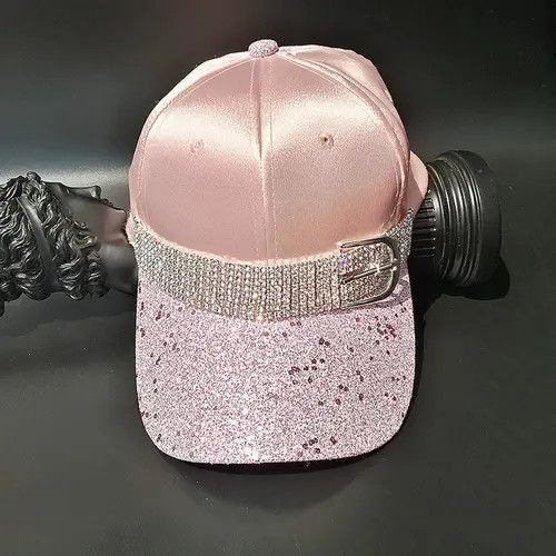 Jewelry Pink Satin Glitter Baseball Cap with Rhinestone Belt Size ONE SIZE - 3 Thumbnail