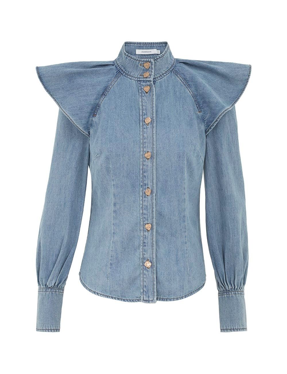 Zimmermann oc11z1025 Crush Denim Blouse in Blue Size L / US 10 / IT 46 - 1 Thumbnail