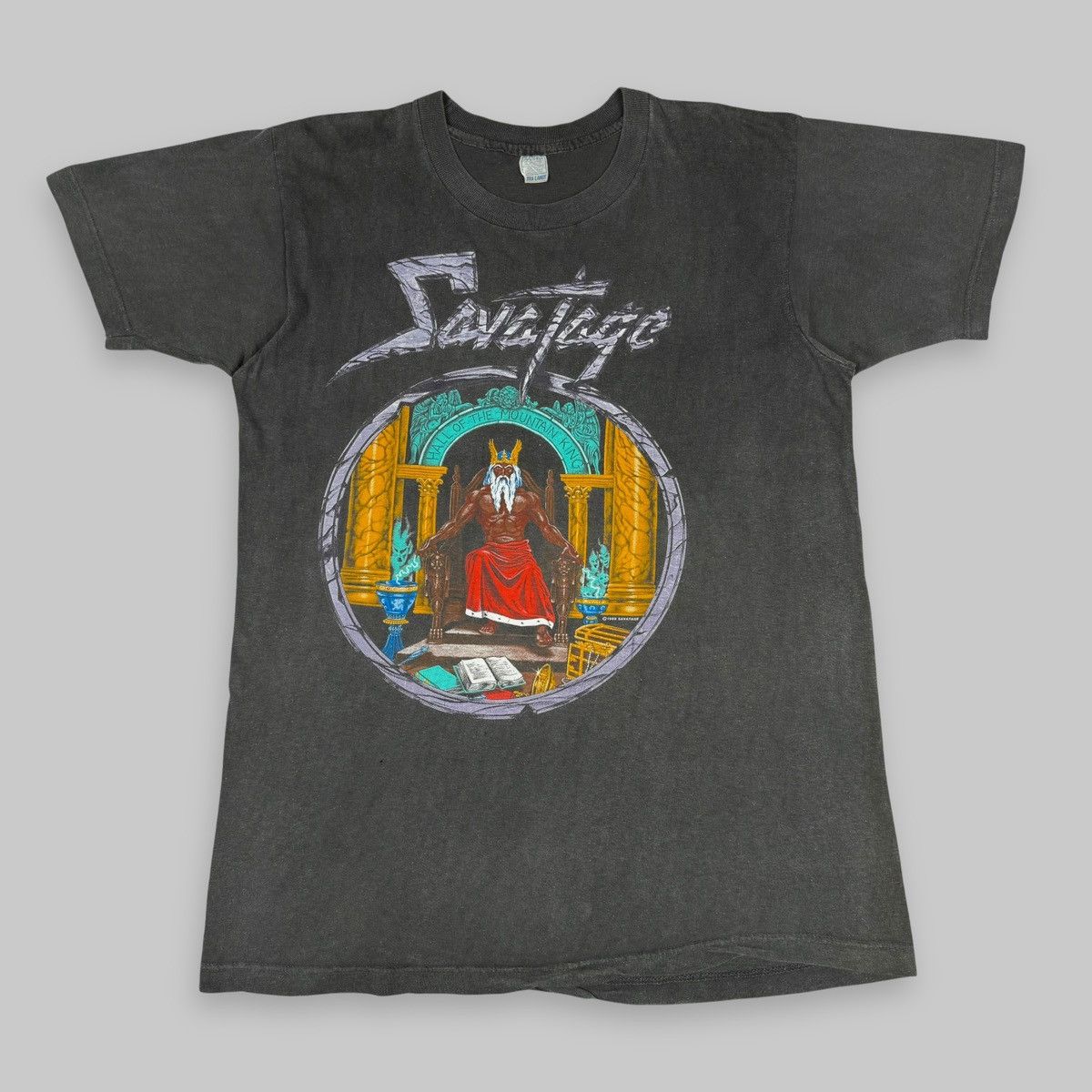 image of Band Tees x Rock T Shirt Vintage 1988 Savatage Madness Reigns Mountain King T Shirt in Faded Black 