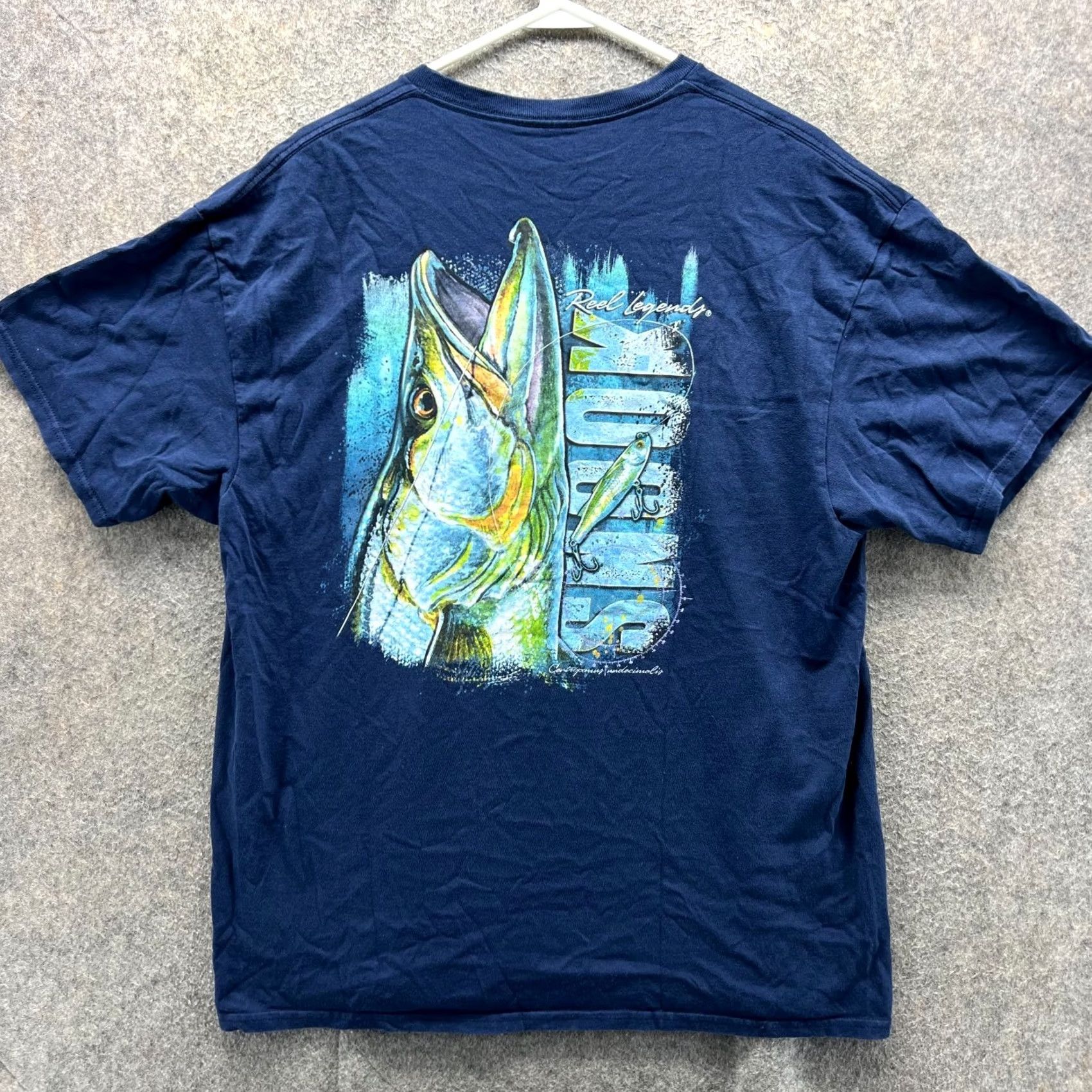 Vintage Reel Legends Shirt Mens XL Blue Navy Crewneck T-Shirt VTG - 100% Cotton, Short Sleeve, All Seasons, Logo, Fisherman Pattern, Regular Fit, Vintage Size US XL / EU 56 / 4 - 2 Thumbnail