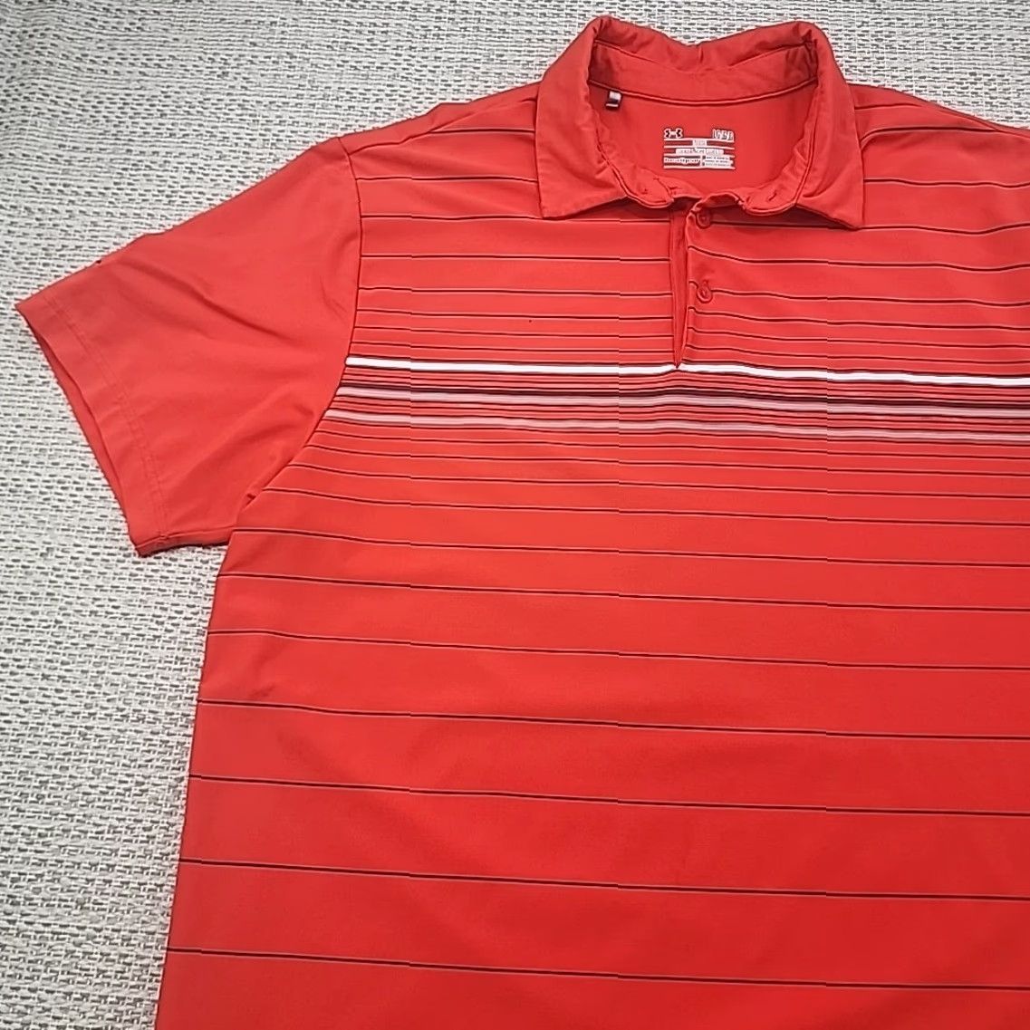 Under Armour Under Armour Polo Shirt Mens Large Short Sleeve ColdBlack HeatGear Orange Striped Polo Shirt Mens L Orange Heatgear Striped Size US L / EU 52-54 / 3 - 3 Thumbnail