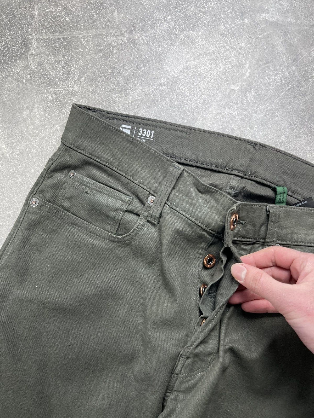 G-Star G-Star RAW 3301 Wax Biker Slim Jeans 2000s Dark Olive Green Size US 30 / EU 46 - 8 Thumbnail