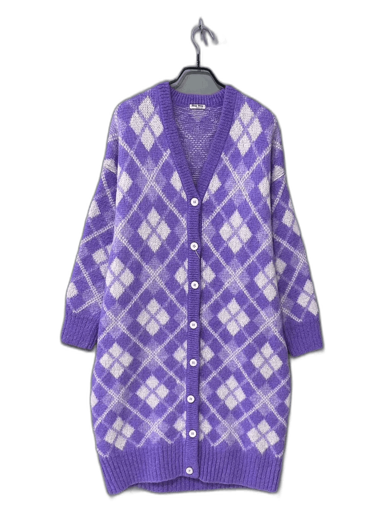 Purple Diamond Pattern Knitted Cardigan-2506